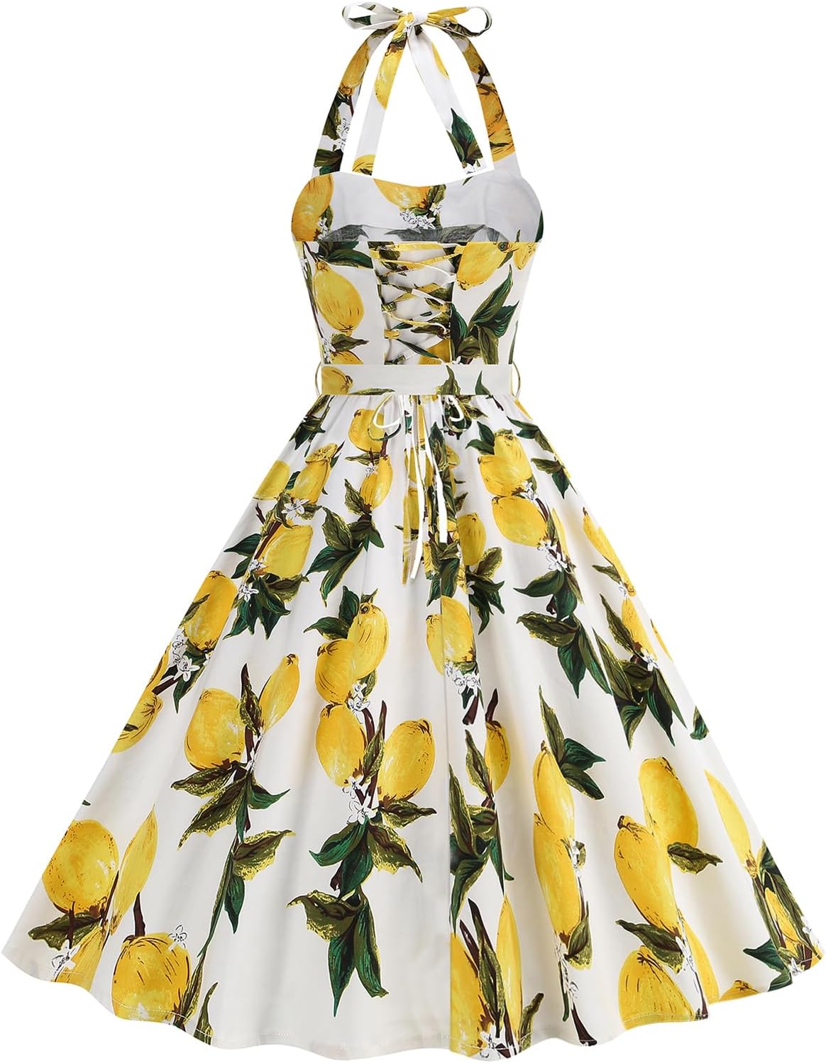 Women 1950s Retro Dress Halter Belted Midi Swing Dress with Side Pockets Wedding Party Dress Adjustable Back Straps