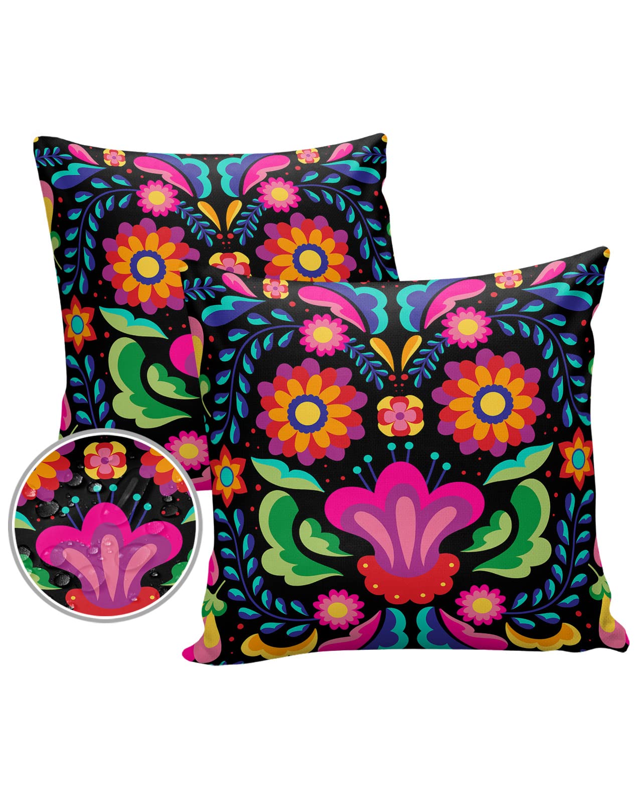 Colorful Floral Mexican Pattern Outdoor Pillow Covers Waterproof, Mexico Ethnic Black Abstract Art Cushion Case Set of 2, Decorative Pillowcases for Sofa Couch Bed Decor Patio Furniture 20