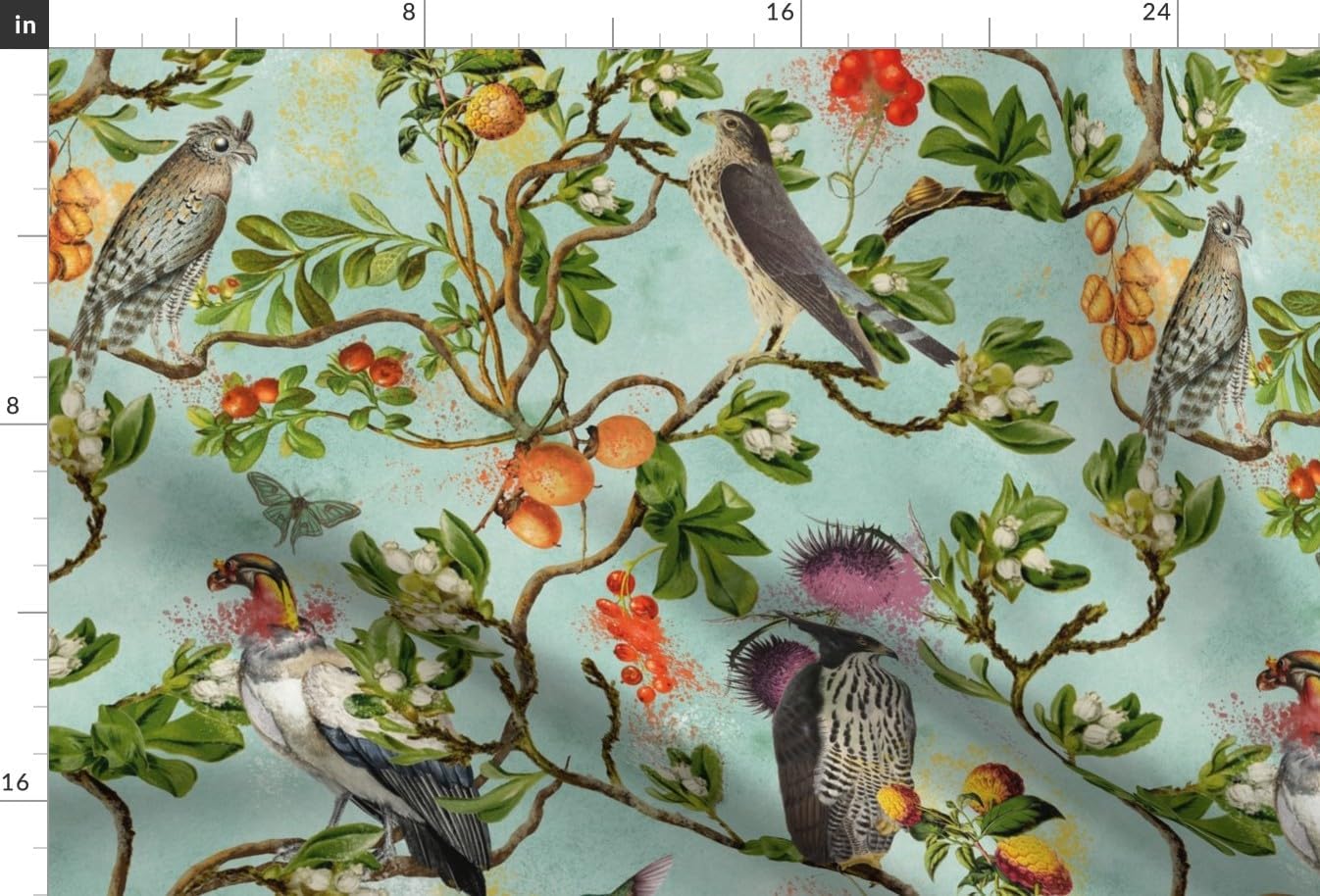 Spoonflower Fabric - Vintage Birds Falcon Hawk Watercolor Chinoiserie Antiqued of Prey Blue Printed on Upholstery Velvet Fabric Fat Quarter - Upholstery Home Decor Bottomweight Apparel