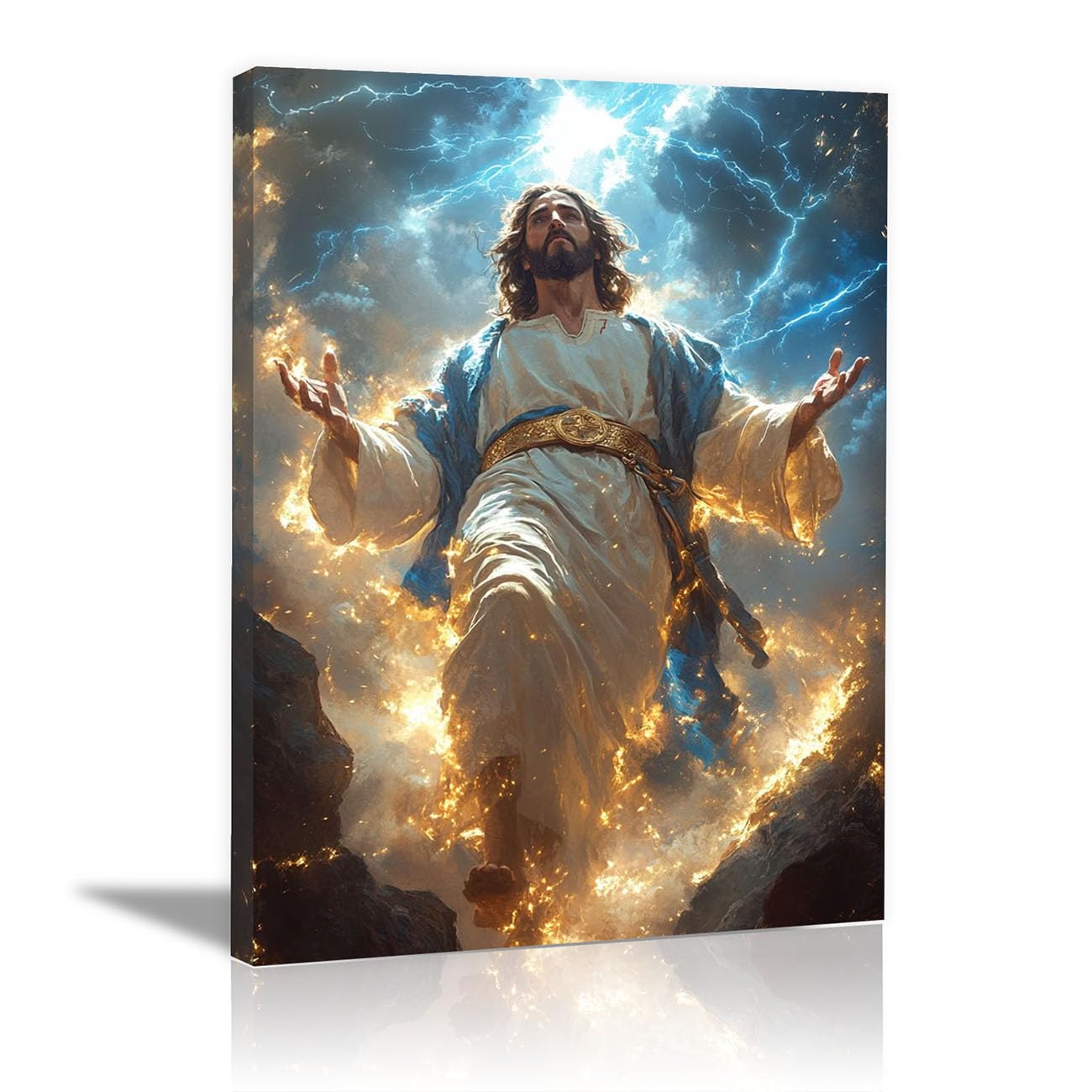 QUSAAOU Jesus Canvas Wall Art Jesus with Christ and Animals Christian Religious Prints Painting for Bedroom Living Room Bedroom Hallway Home Decoration(golden)-70x100cm Framed