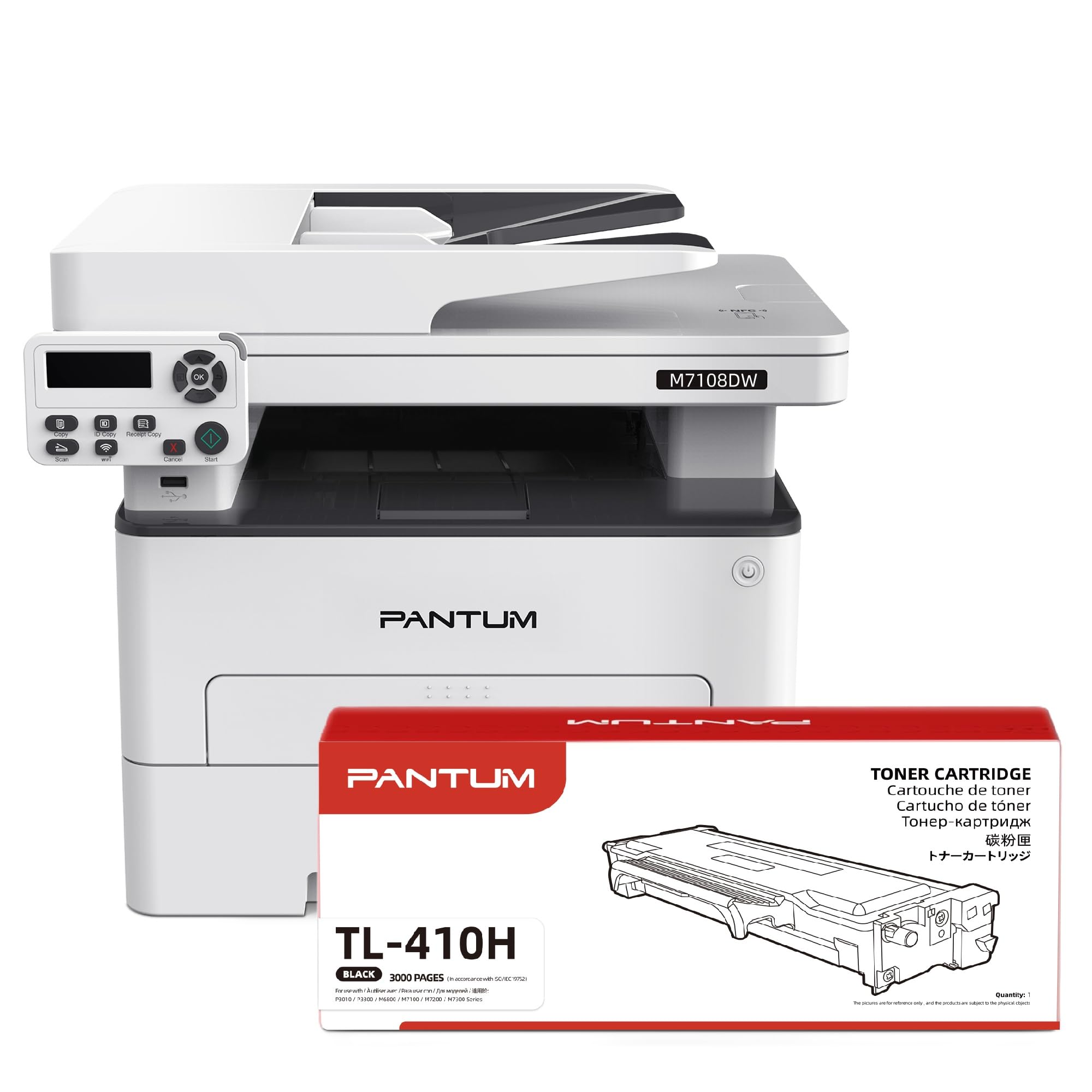PANTUM M7108DW Imprimante Laser Multifonction, Noir et Blanc, Impression/Copie/Scanner 3en1, Impression Recto-Verso Automatique, WiFi/USB/Ethernet, 33 ppm, avec Toner TL-410H (3000 Pages)