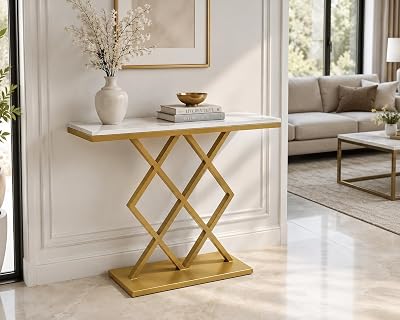 Attic Avril Console Table for Living Room|Marble + Iron|White + Gold Matt Finish