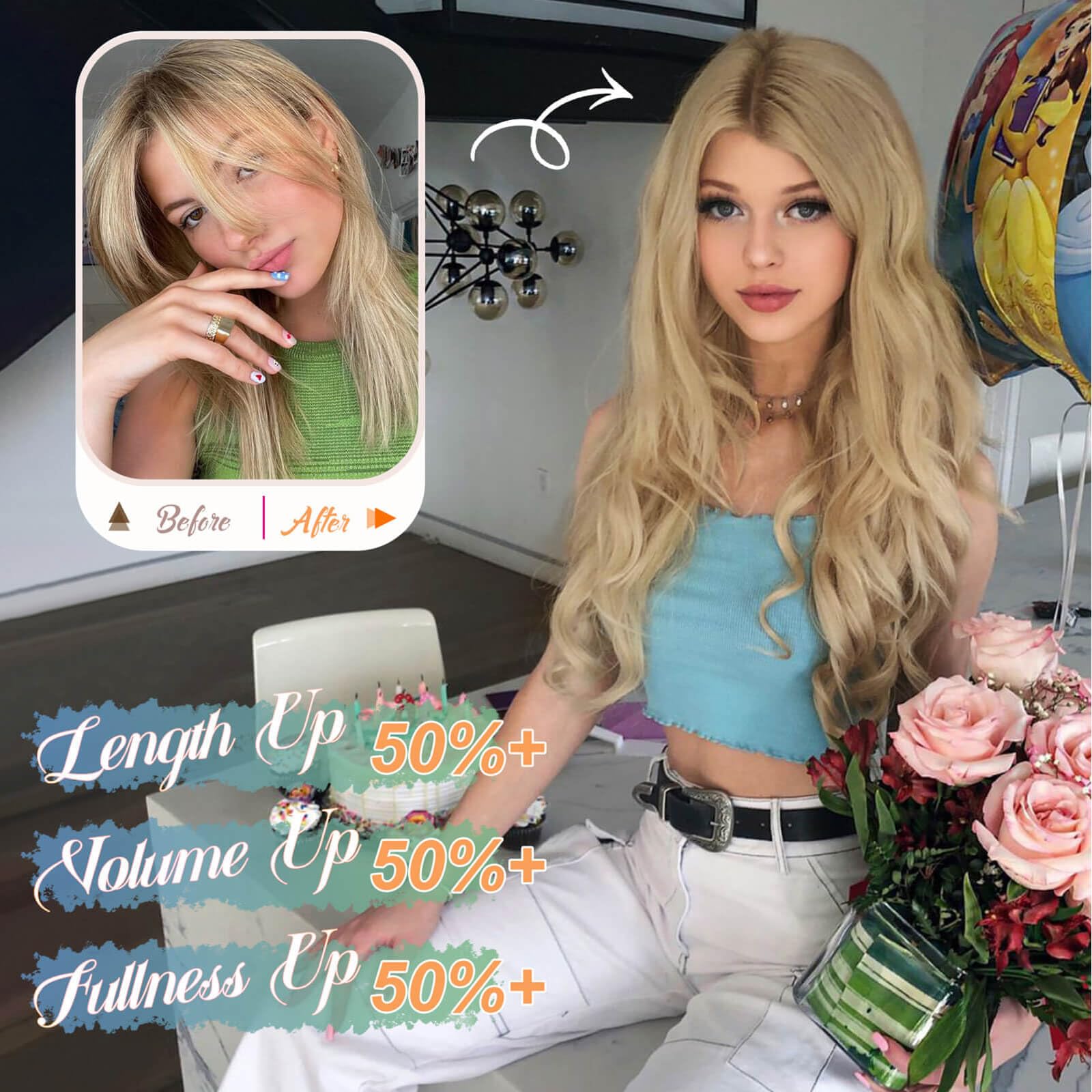 Flyroseing Halos Hair Extension with Transparent Wire, 18 Inch Body Wavy Invisible Wire Blonde Hair Extensions - Image 2