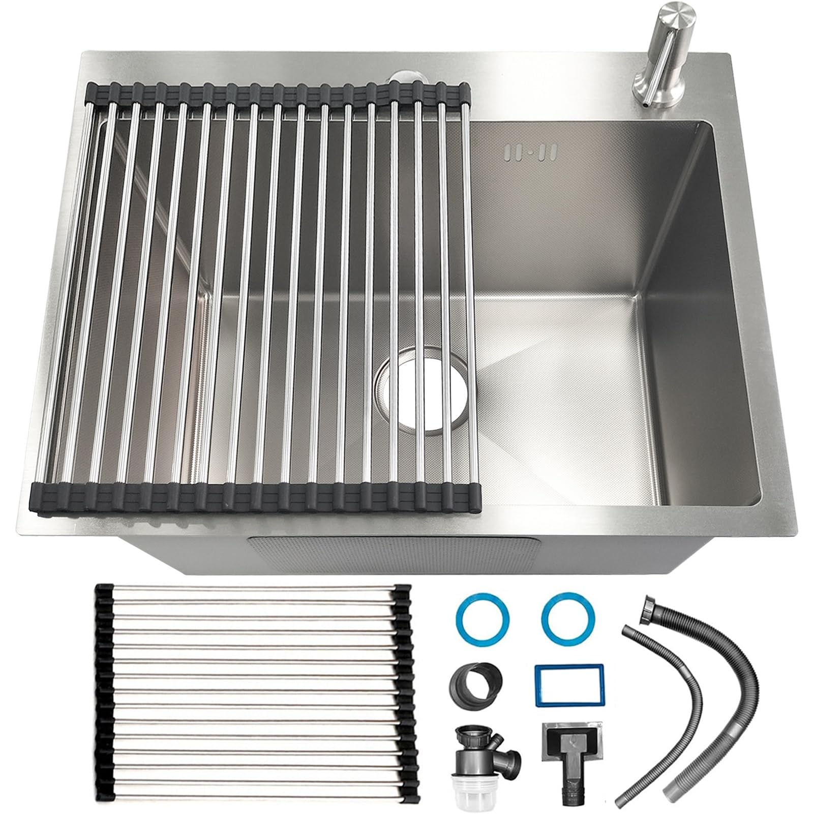 ZQFHSX Silver Kitchen Sink,Stainless Steel Square Single Bowl Outdoor Campervan Sink,for Flushmount and Topmount Installation, with Strainer & Overflow Kit(Silver,55x45cm)