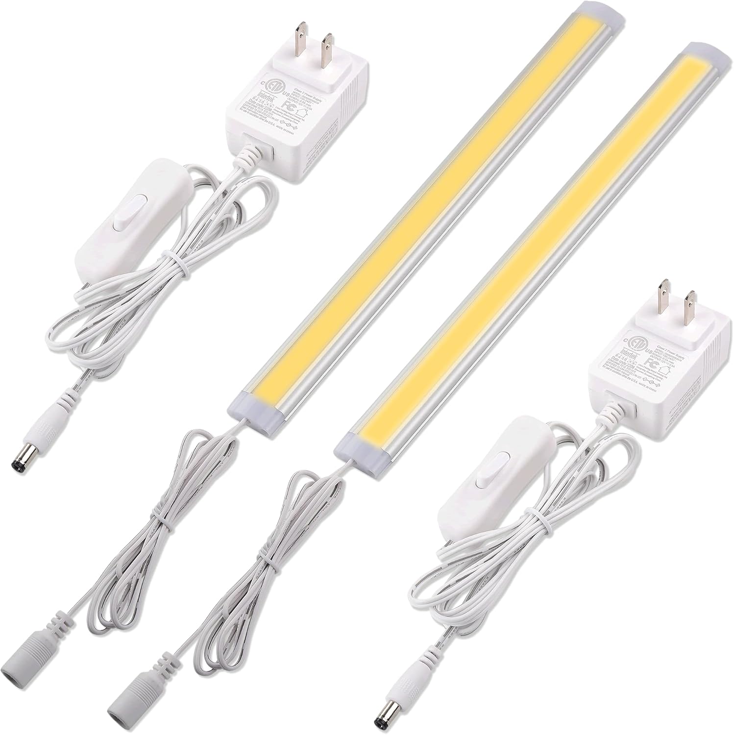 Single Under Cabinet LED Light Bar 12 Inch, Curio Collection Bookshelf Display Accent Lighting, Low Profile, 120 Volt Wall Plugged in, On Off Switch, 2 Light Bars, White Cords, Warm White