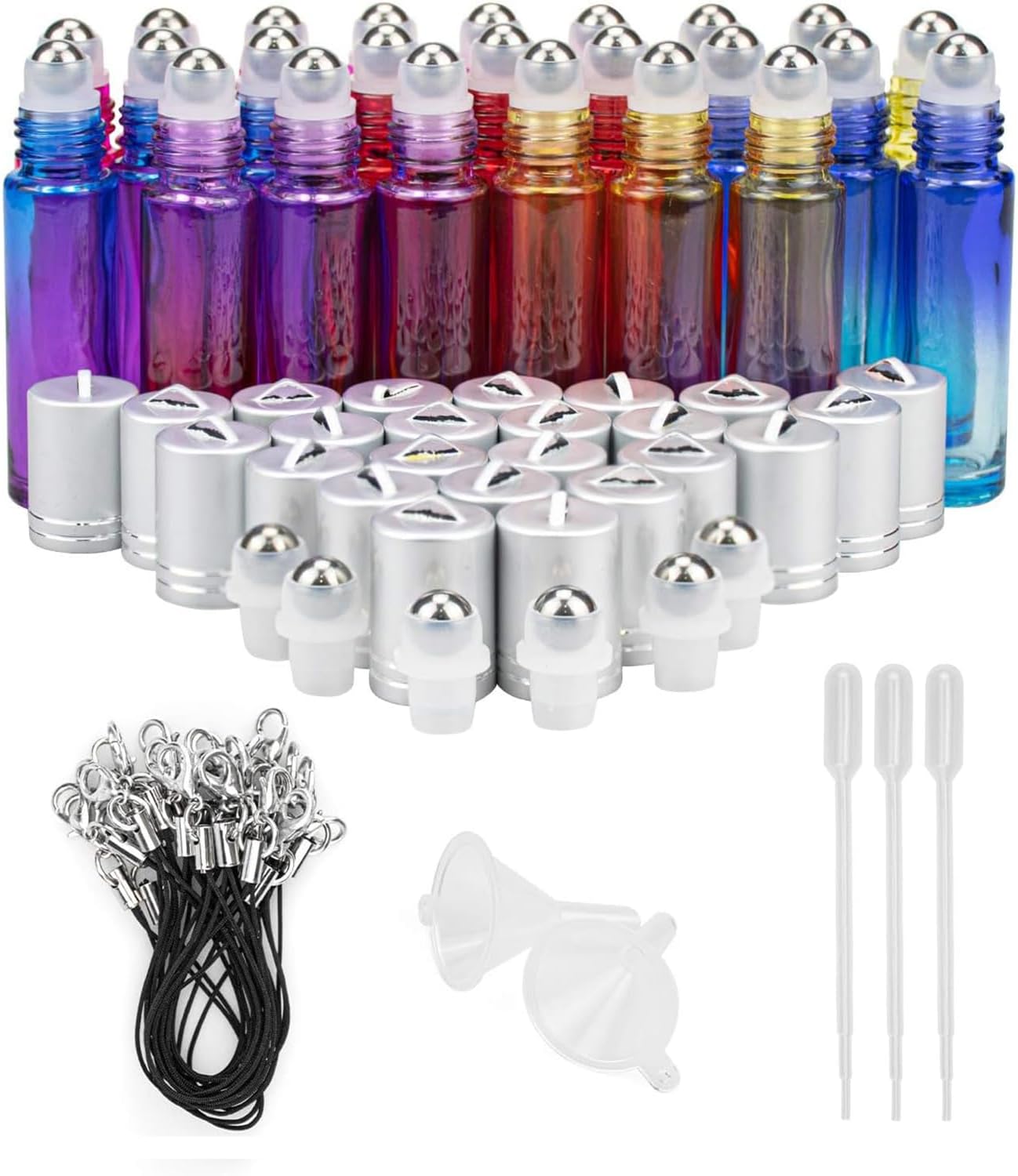 Foraineam 24 Pack 10ml Gradient Glass Roller Bottles w/ Stainless Steel Balls & Hanging Lids - Leakproof Essential Oil Storage