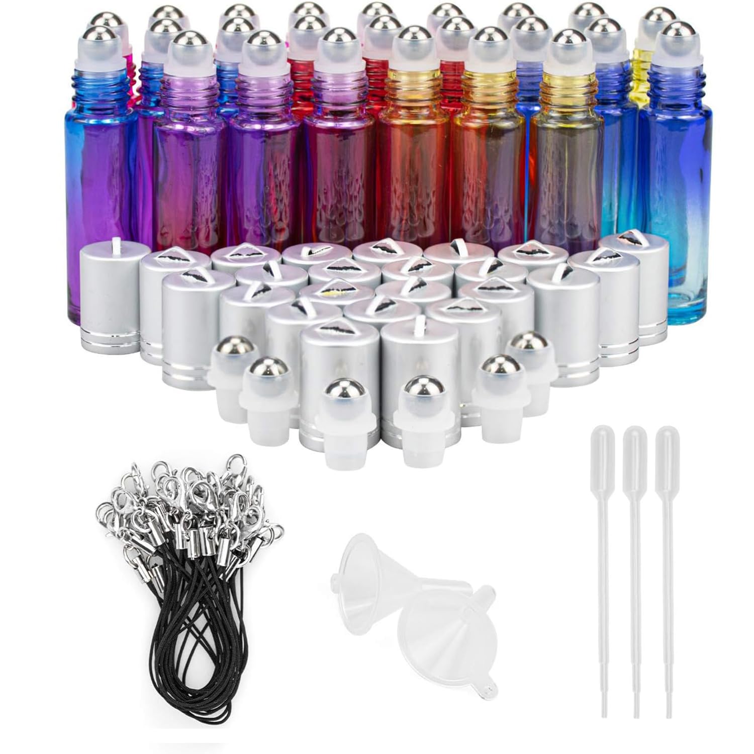 Foraineam Confezione da 24 bottiglie a rullo da 10 ml, in vetro con sfera in acciaio inox e coperchio argentato per appendere gli oli essenziali