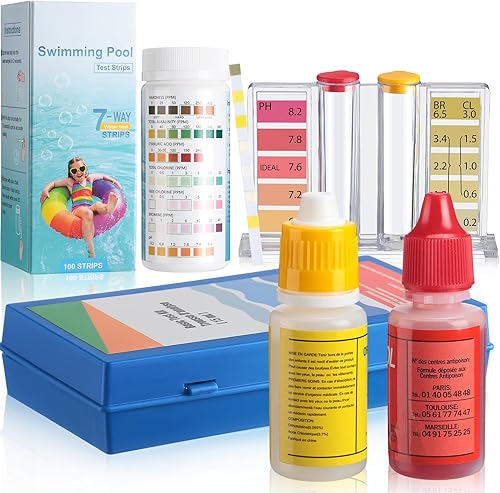 Threlaco El kit de prueba química de agua de piscina incluye un kit de prueba de agua de 2 vías y prueba de tira de prueba 7 en 1 para bromo total