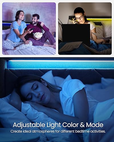 Miniatura 4 de VASAGLE Base de cama LED tamaño Queen, cama Queen con cabecera y 4 cajones, 1 puerto USB y 1 puerto tipo C, cabecera tapizada ajustable de 36.739.3