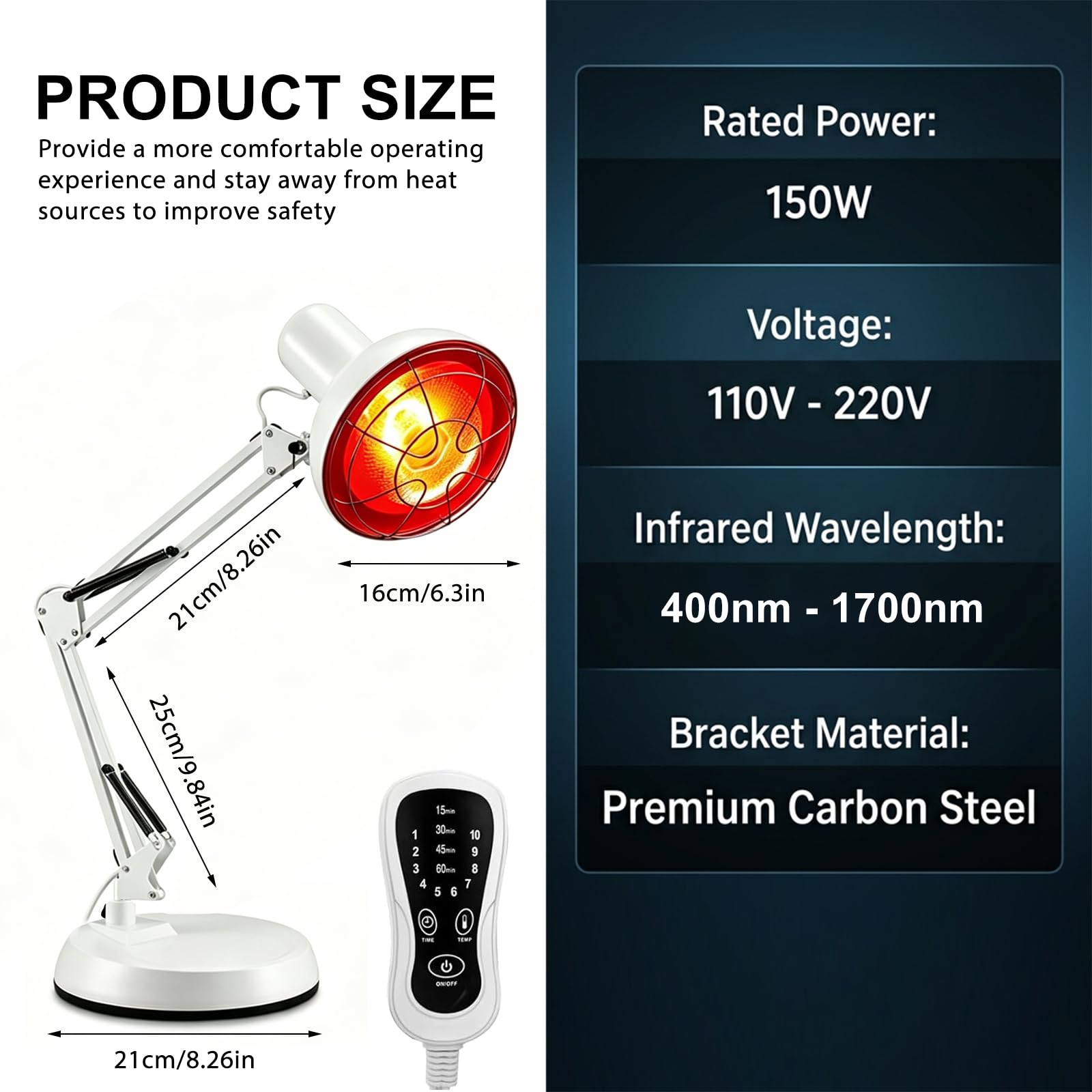 150W Rotlichtlampe Wärmelampe mit 10 Stufen Timer, Verstellbarer Standfuß