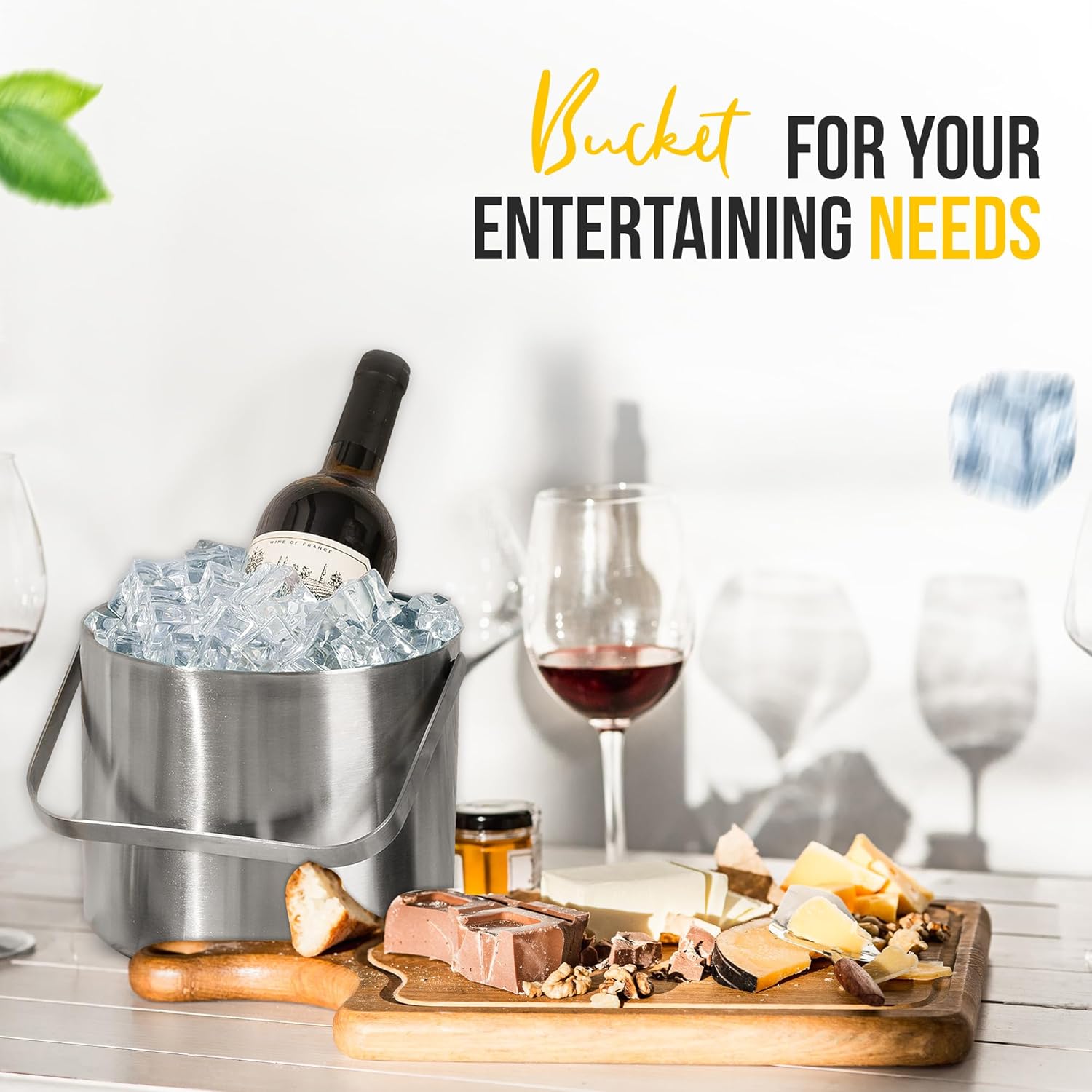 Ice Bucket with Lid, Ice Tongs, Spoon, and Strainer - Double Walled Insulated Stainless Steel to Keep Ice Frozen Longer - Perfect for Parties, Cocktail Bar, Chilling Wine, Champagne - Size 3 Liter