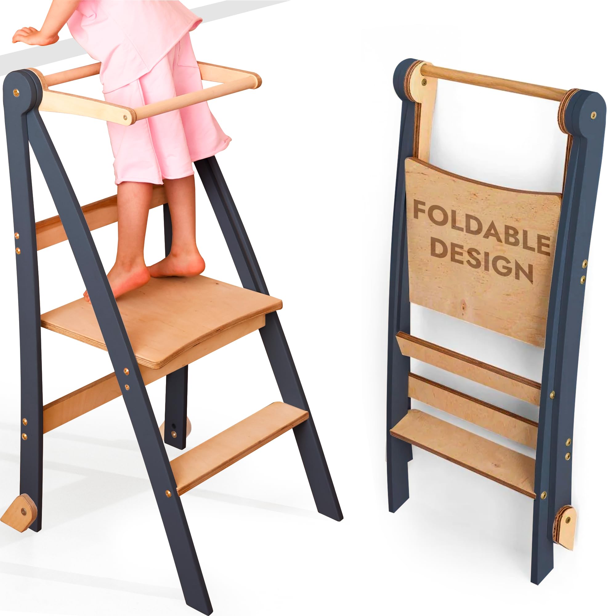 Échelle d'apprentissage Montessori en bois pliable avec tabouret et protection anti-basculement
