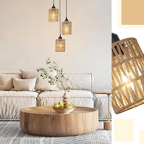 Miniatura 6 de Lámpara colgante de ratán de 3 luces, lámpara colgante de techo para comedor, estilo bohemio, con pantallas de mimbre tejidas a mano para cocina,