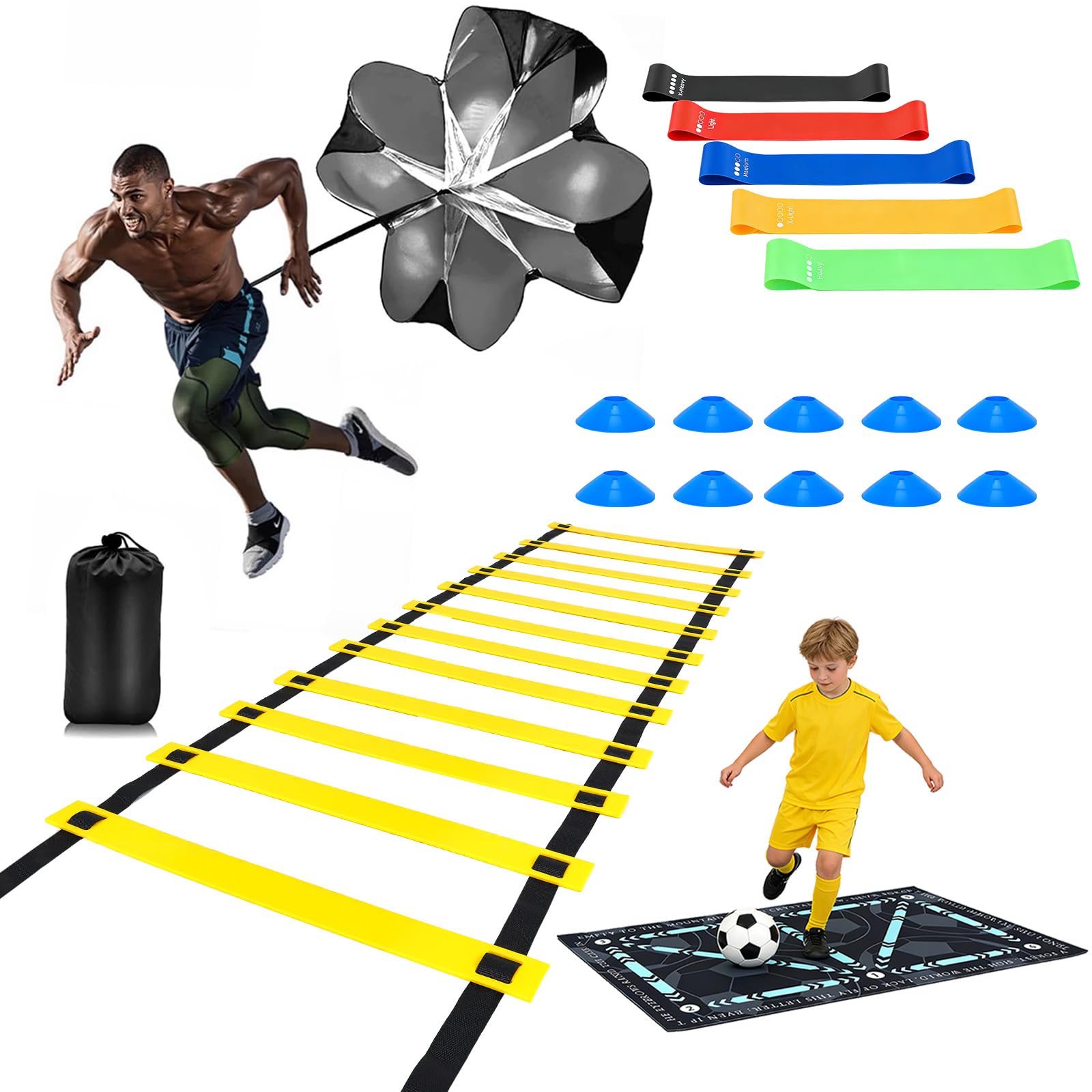 Kit Allenamento Calcio Completo, Scala Agilità 6m (12 Gradini), 10 Coni Allenamento, Tappeto Calcio, Paracadute Resistenza, Bande Elastiche e Picchetti, Accessori Calcio Bambino