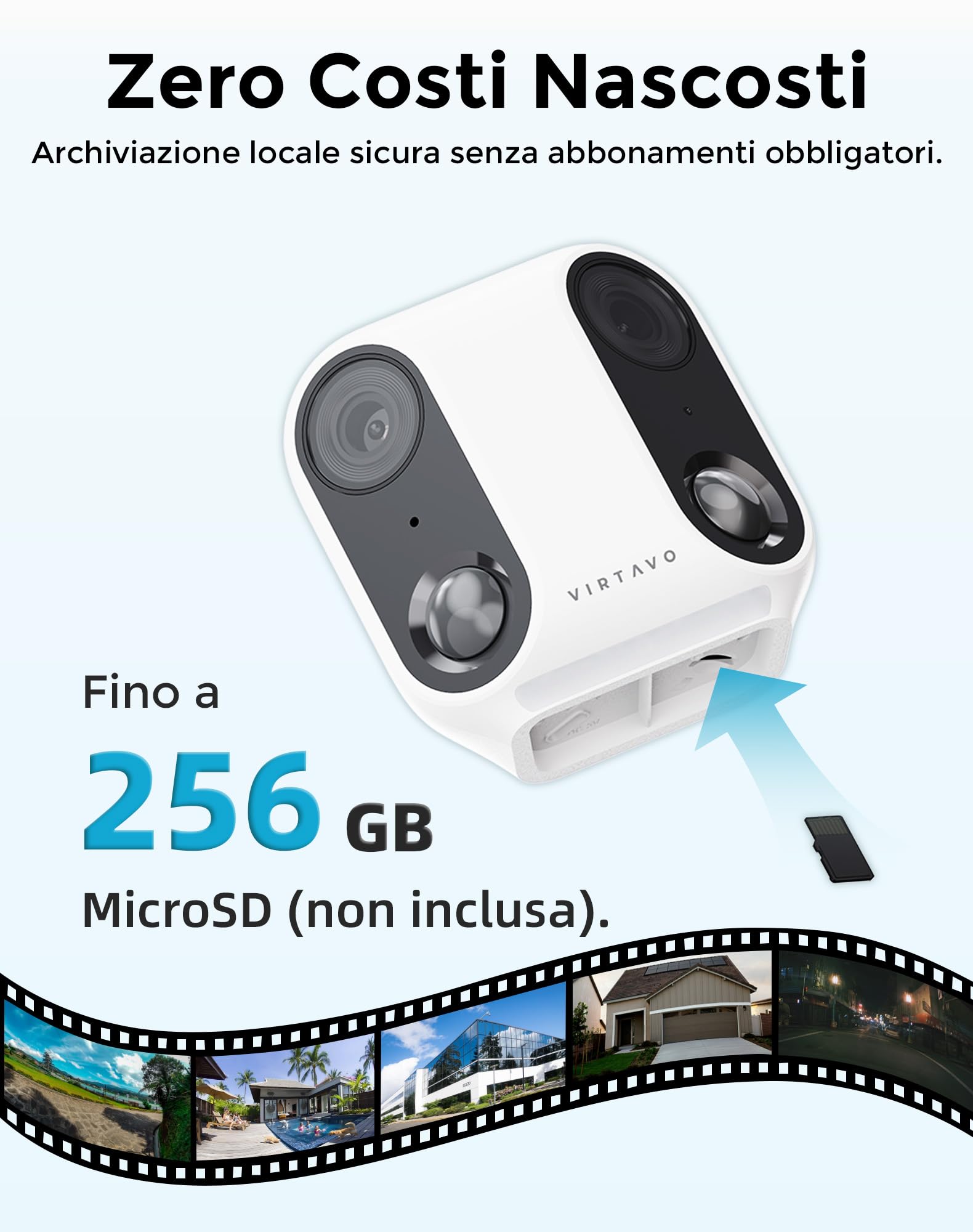 VIRTAVO XM1, Telecamera WiFi Esterno Senza Fili, Doppia Lente Vista Panoramica 160°, Videocamera di Sorveglianza con Pannello Solare, Visione Notturna Starlight a Colori, Rilevamento PIR, SD/Cloud