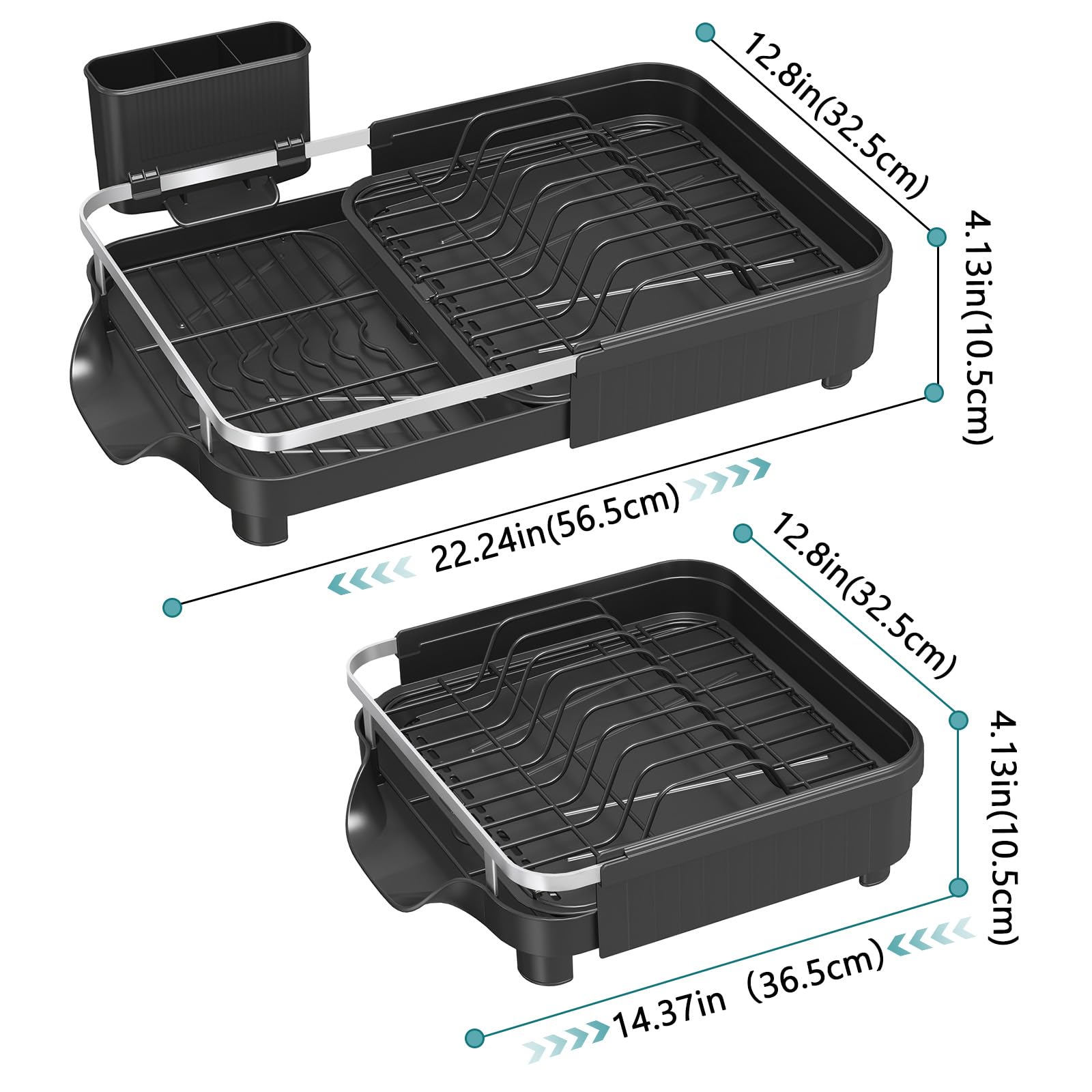 PurKeep Escurreplatos extensible con soporte para cubiertos, color negro | Escurreplatos con bandeja de goteo para platos, tazas, cubiertos, escurreplatos para ahorrar espacio, color negro