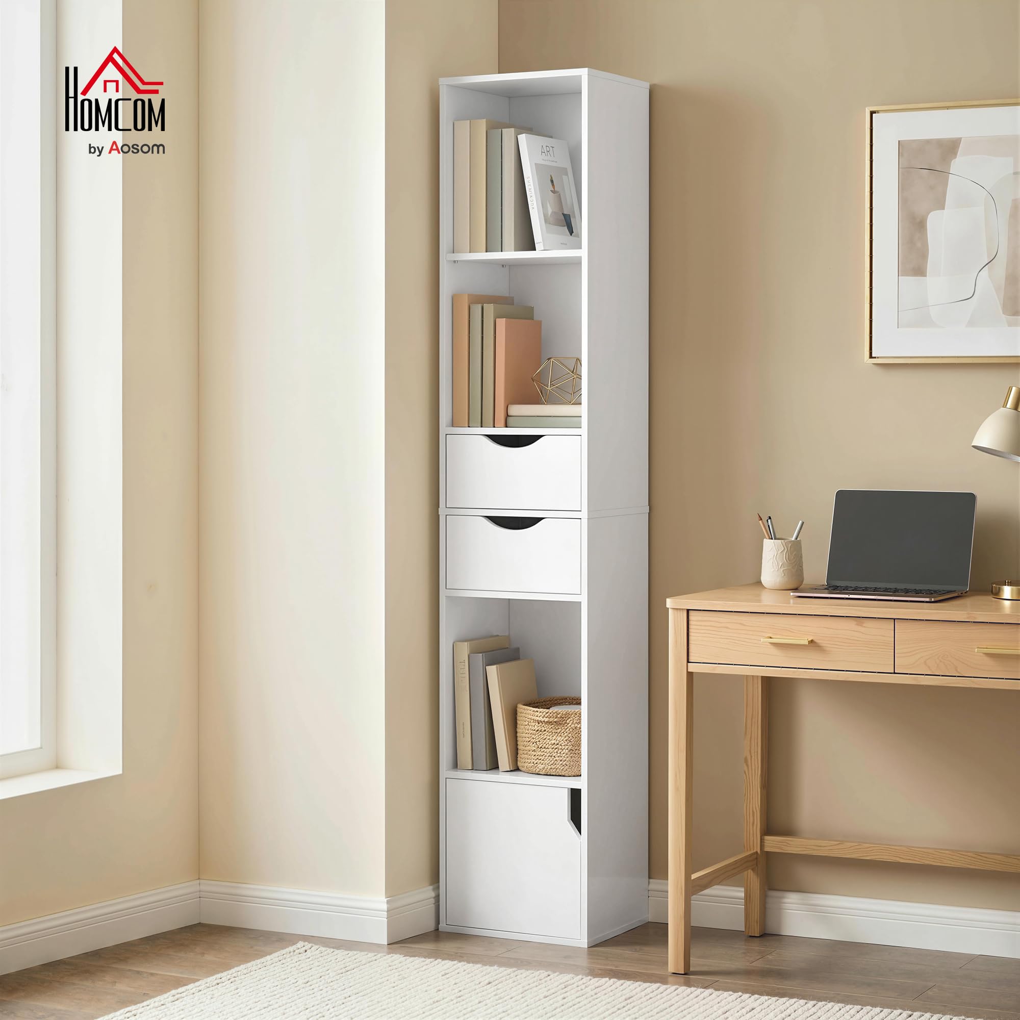 HOMCOM Libreria Scaffale Slim a 3 Ripiani Aperti, 30x24x158 cm Bianco | Cassetti, Libreria Verticale Salvaspazio, Mobile Portaoggetti con Ante e Ripiano Regolabile, Soggiorno Studio Ufficio