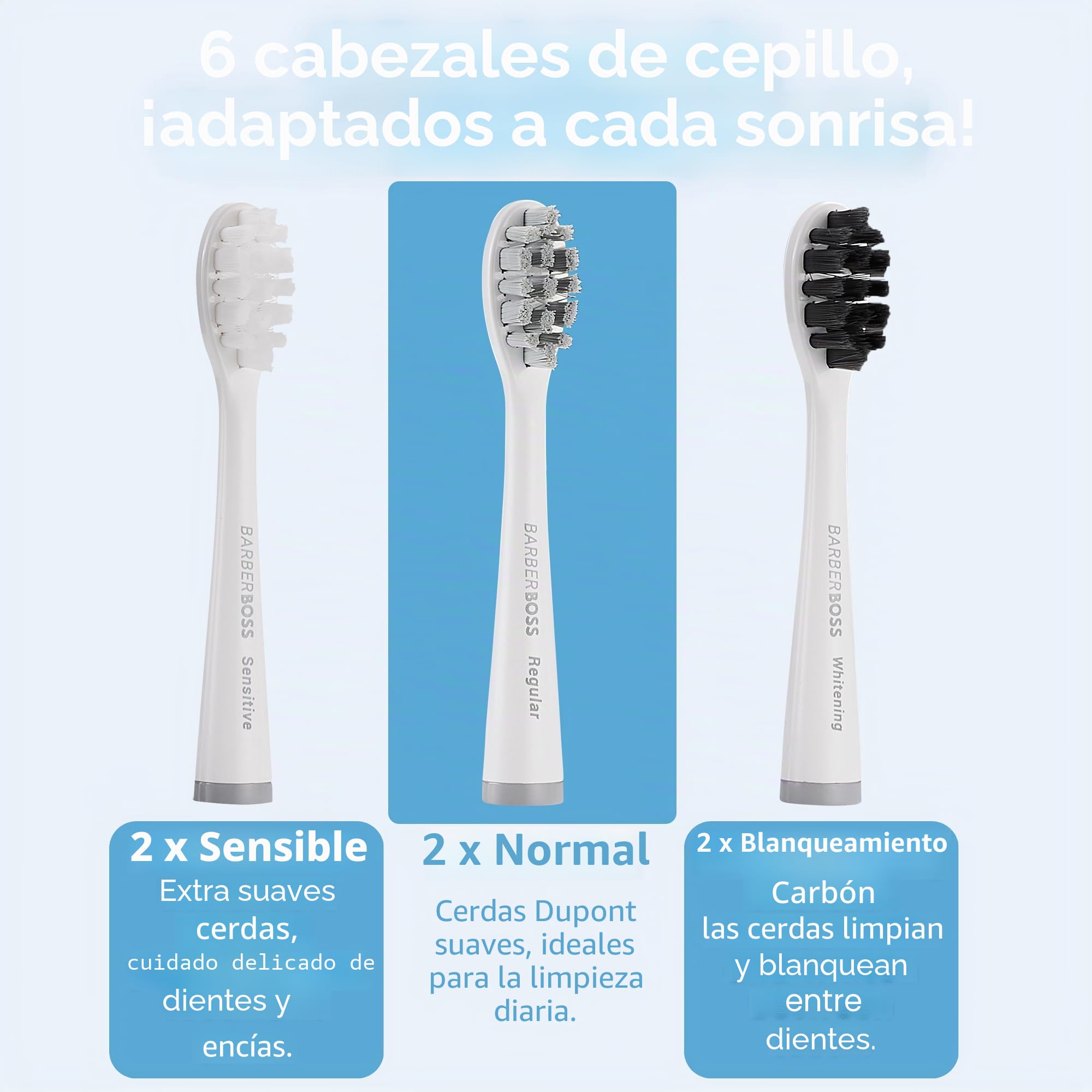BarberBoss Cepillo Eléctrico, Cepillo de dientes sónico, 5 modos cepillado, 6 cabezales, sensor de presión, temporizador inteligente y estuche de viaje, Blanco