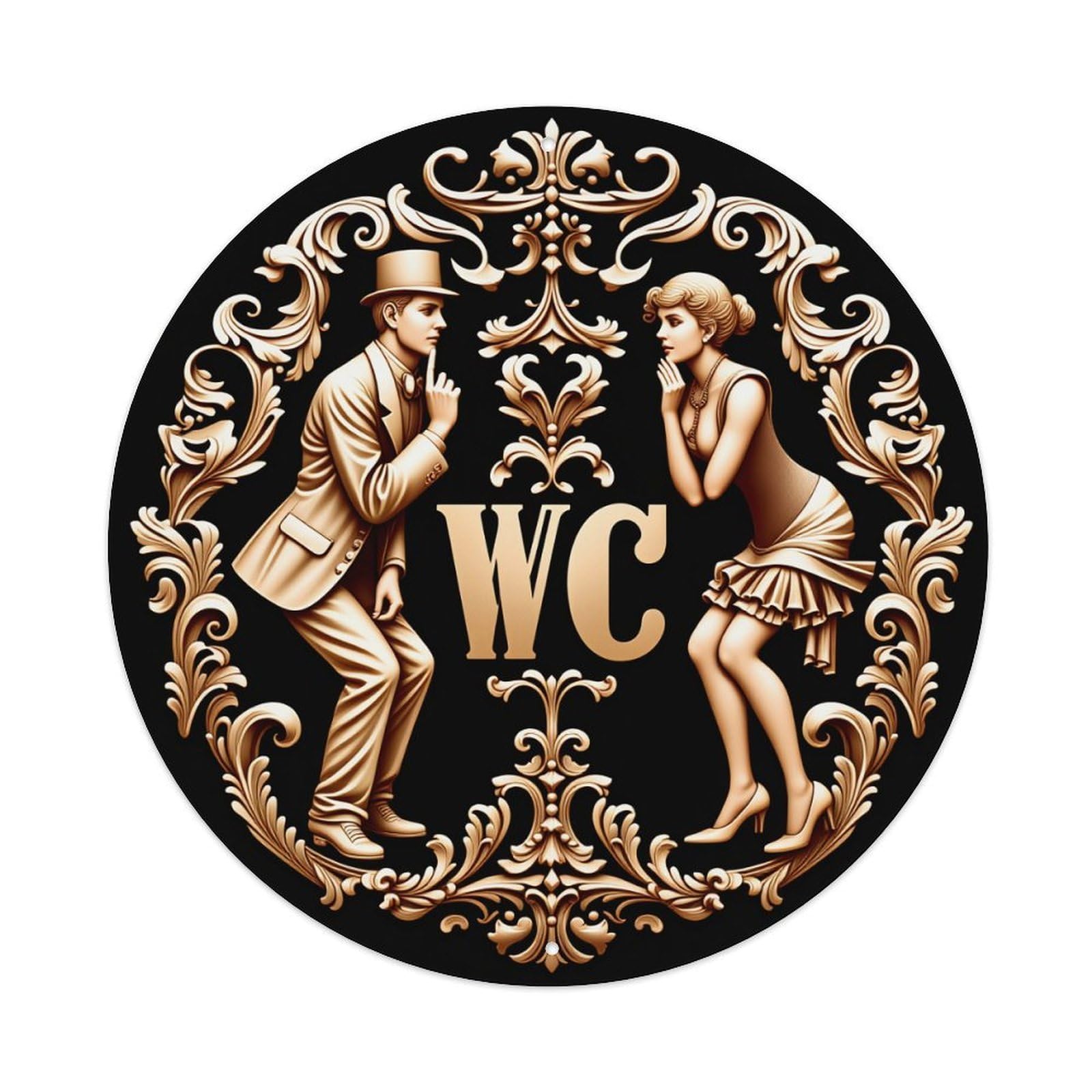 Golden Ornate Man Woman WC Round Tin Sign Vintage Metal Sign Home Bar Garden Indoor & Outdoor Wall Decor Retro Metal Poster 8x8 Inch