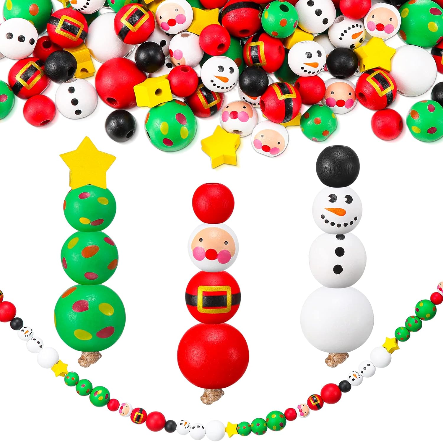 Vicenpal 240 Pcs Christmas Wooden Beads for Crafts Snowman Santa Round Wood Beads with Twine Red Green White DIY Ornaments for Christmas Tree Xmas Winter Decoration(Santa, Snowman)