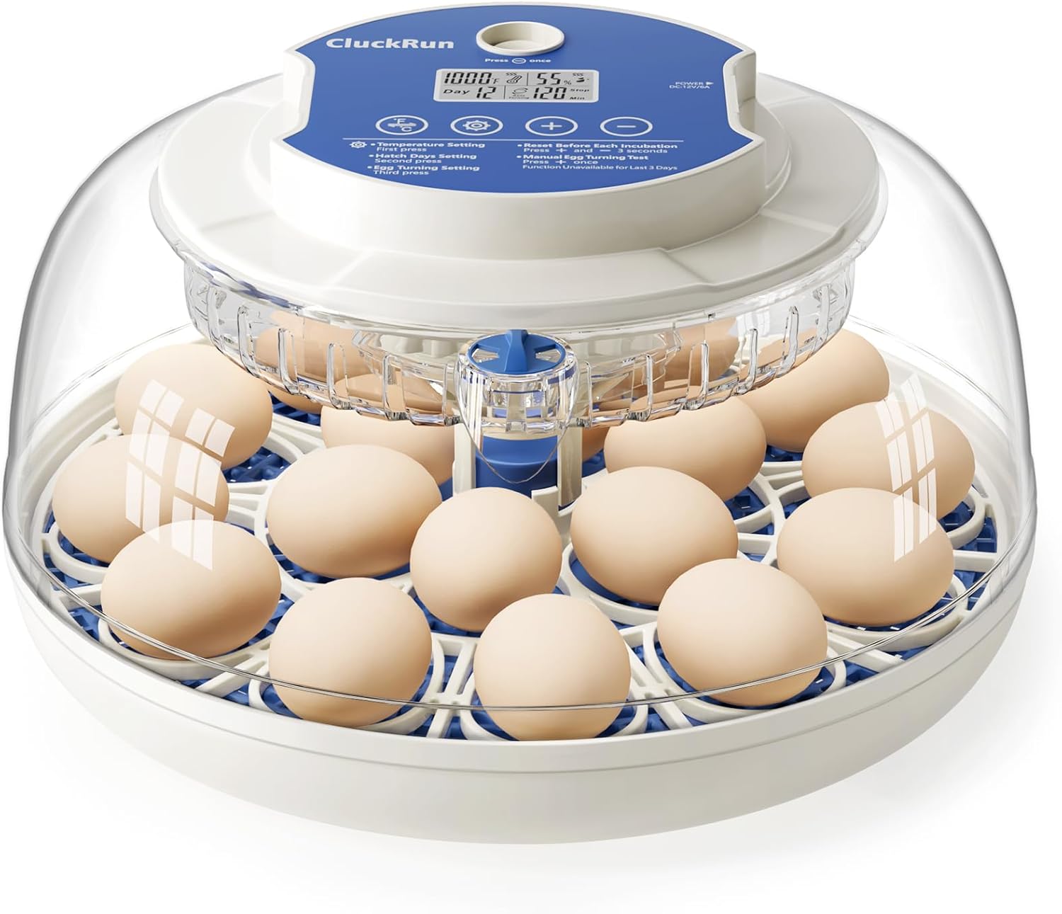 18 egg incubator with turning, candling & humidity display