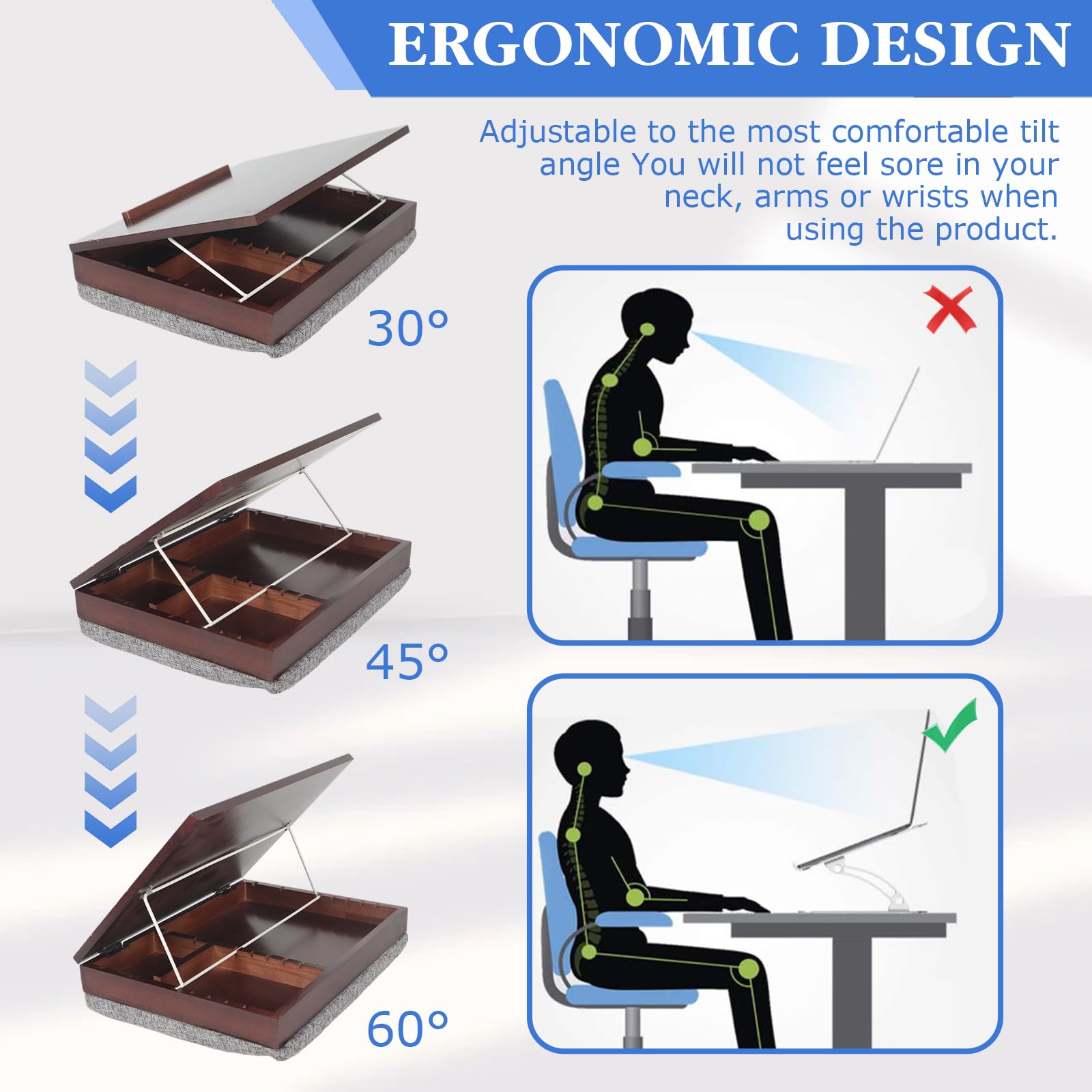 Wood Easel Lap Desk with Storage Schoolhouse Lap Desk with with Detachable Cushion Lap Tray with Cushion Laptop Table for Sofa Serving Tray Adjustable Laptop Stand for Bed for Home Office Schoolhouse