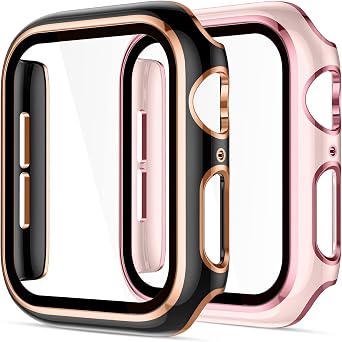 Charlam Compatible with Apple Watch Case 44mm 42mm 40mm 38mm with Screen Protector for Women Men, Hard PC Protective Bumper Face Cover for iWatch SE Series 6/5/4/3/2/1 Black/Pink, 44mm