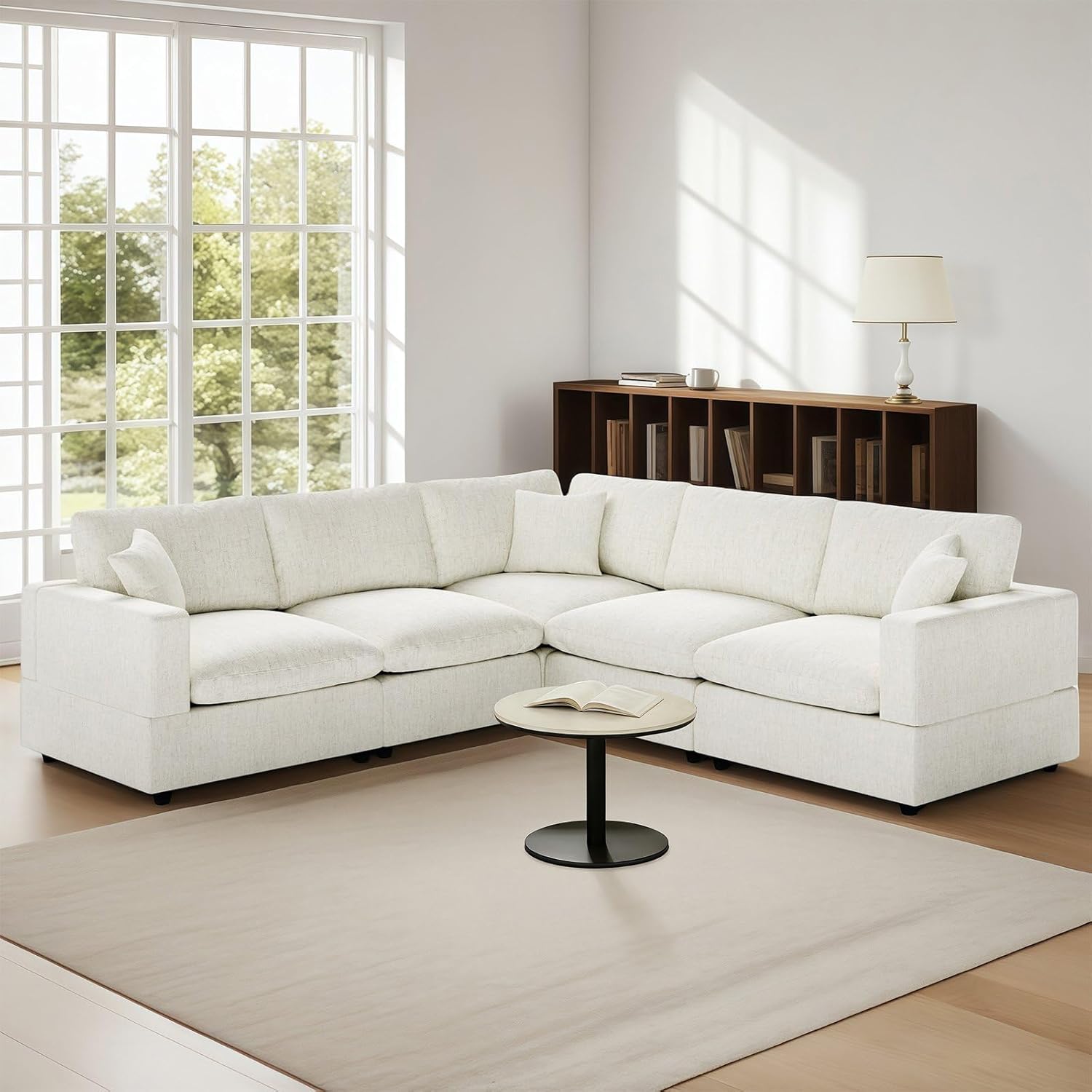 Cloud Sectional Couches for Living Room,5 Seater Filled-Down Comfy Sofa,Detachable Couch Cushion Covers,V Shaped Minimalist Deep Sofa Modular Sectional Sofa,Cream White-Linen