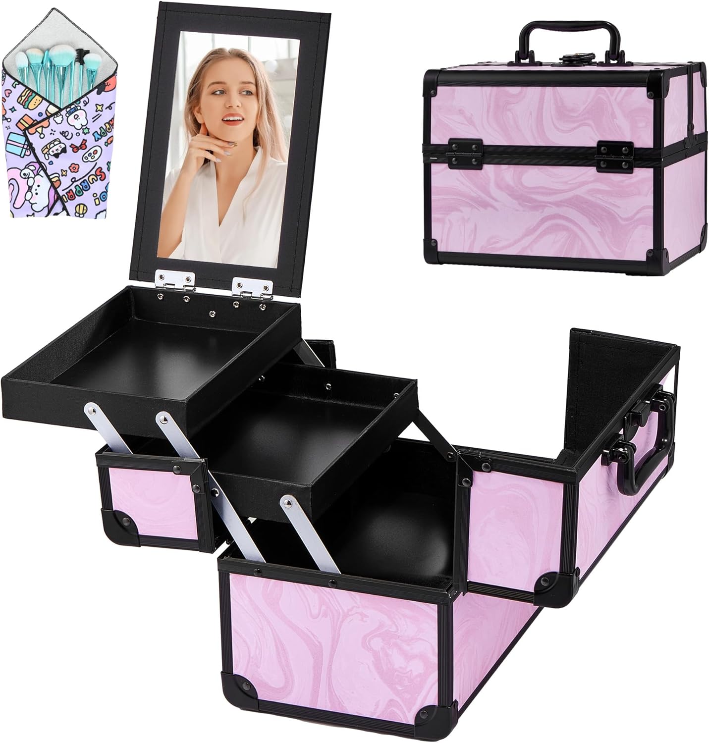 Makeup Train Case, Portable Makeup Case with Mirror,...