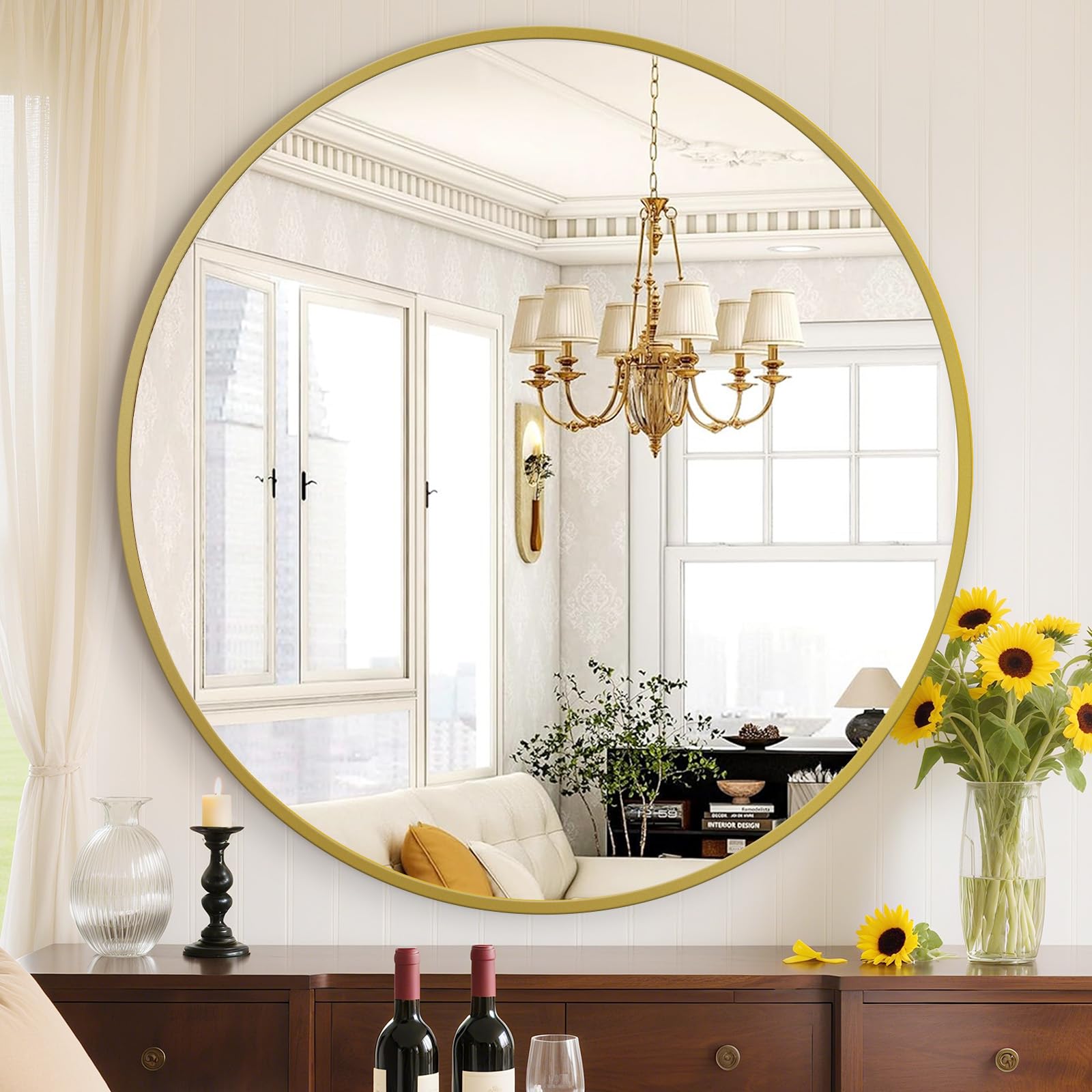 Sweetcrispy 36in Gold Round Bathroom Mirrors for Wall, Bathroom Mirrors for Over Sink, Wall Decor for Bathroom, Entryway, Bedroom, Vanity