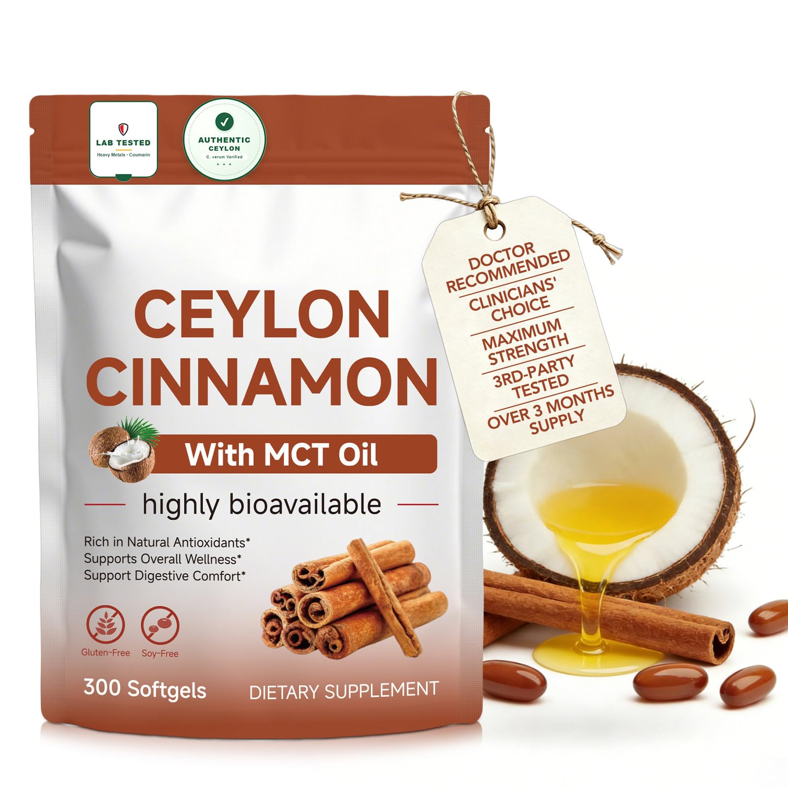 BKKTfBWK Suplemento de Canela-do-Ceilão com óleo MCT, 600 mg, 300 cápsulas gelatinosas