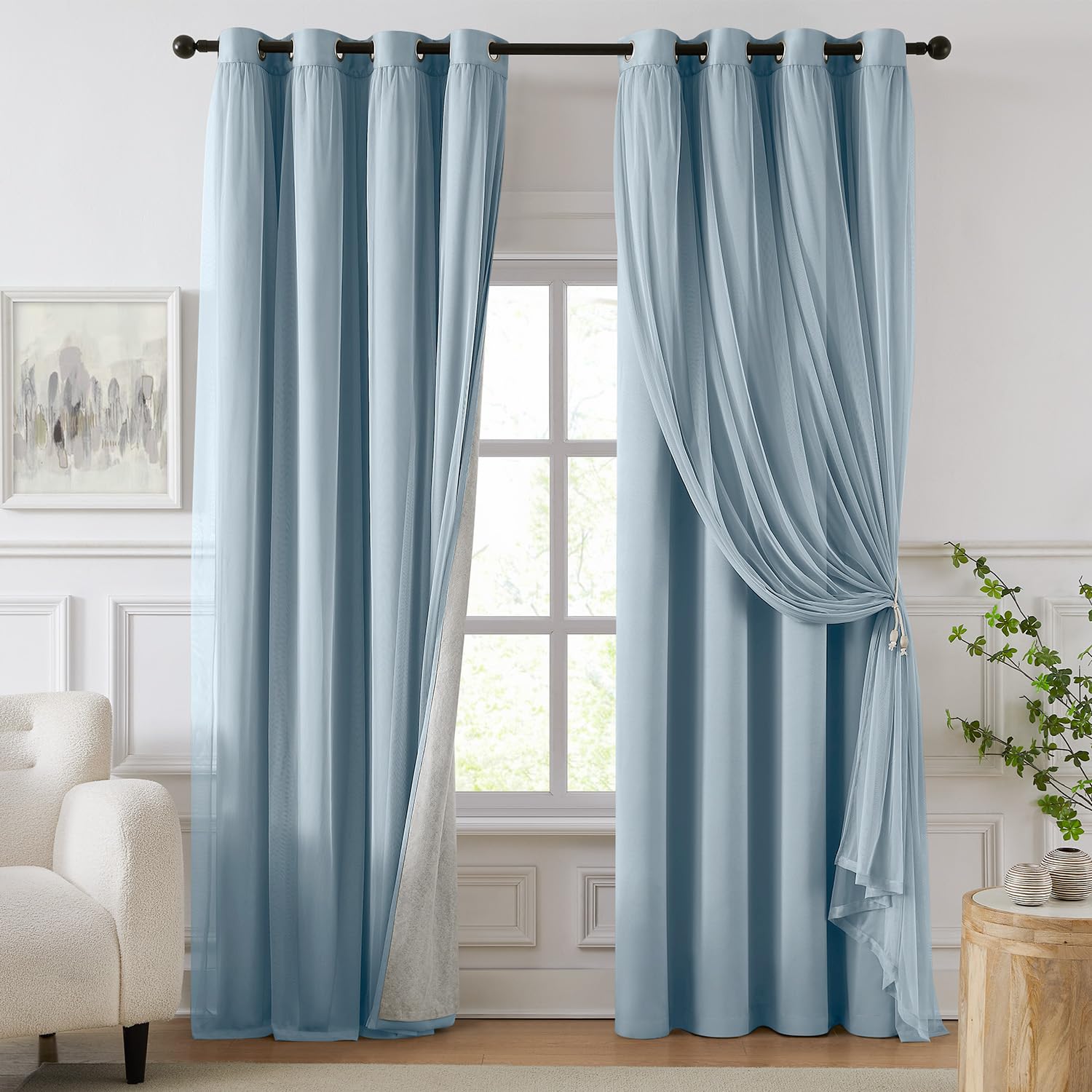 Swandream 100% Blackout Curtains for Bedroom, Double Layer Blue Curtains, Black Out Curtain 84 inch Long with Sheer Overlay for Living Room, Room