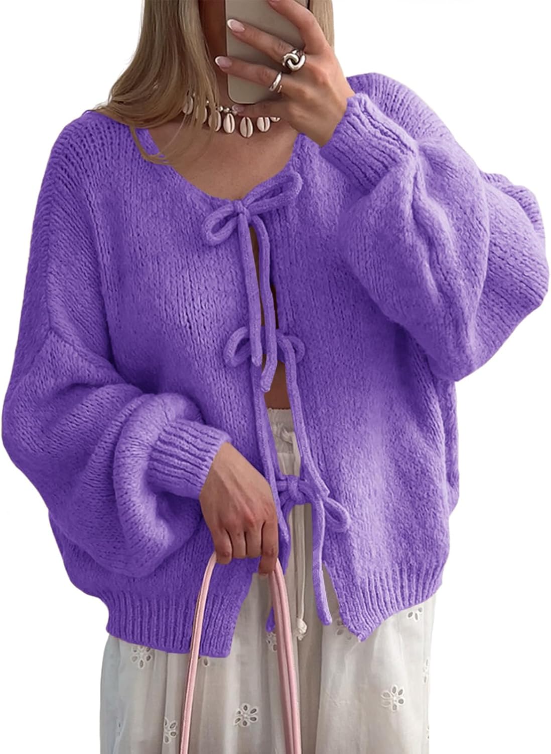UNCLECAT Womens Bow Tie Front Cardigan Sweaters Oversized Fall Open Front Cardigans Cute Loose Knit Tops