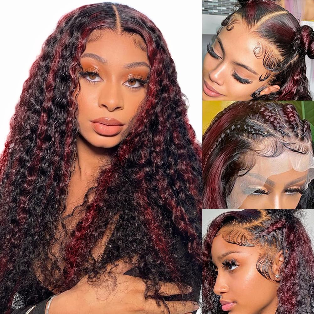 Highlight Burgundy Lace Front Wigs Human Hair 1B99J 20Inch Burgundy Curly Human Hair Wig 13x4 Ombre Red Deep Wave Wig 180% Density Black and Red Transparent HD Lace Frontal Wig