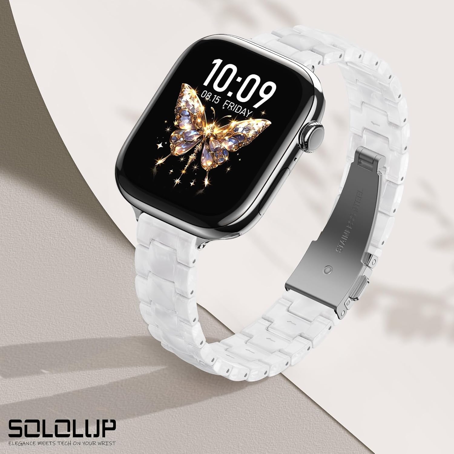 SOLOLUP Thin Resin Band for Apple Watch Bands for Women SE 3/2/1 42mm 44mm 45mm 46mm 49mm,Tortoise Fashion Lightweight Strap Slim Cute Bracelet for iWatch Series 11 10 9 8 7 6 5 4 3 Ultra,Pearl white - Image 8