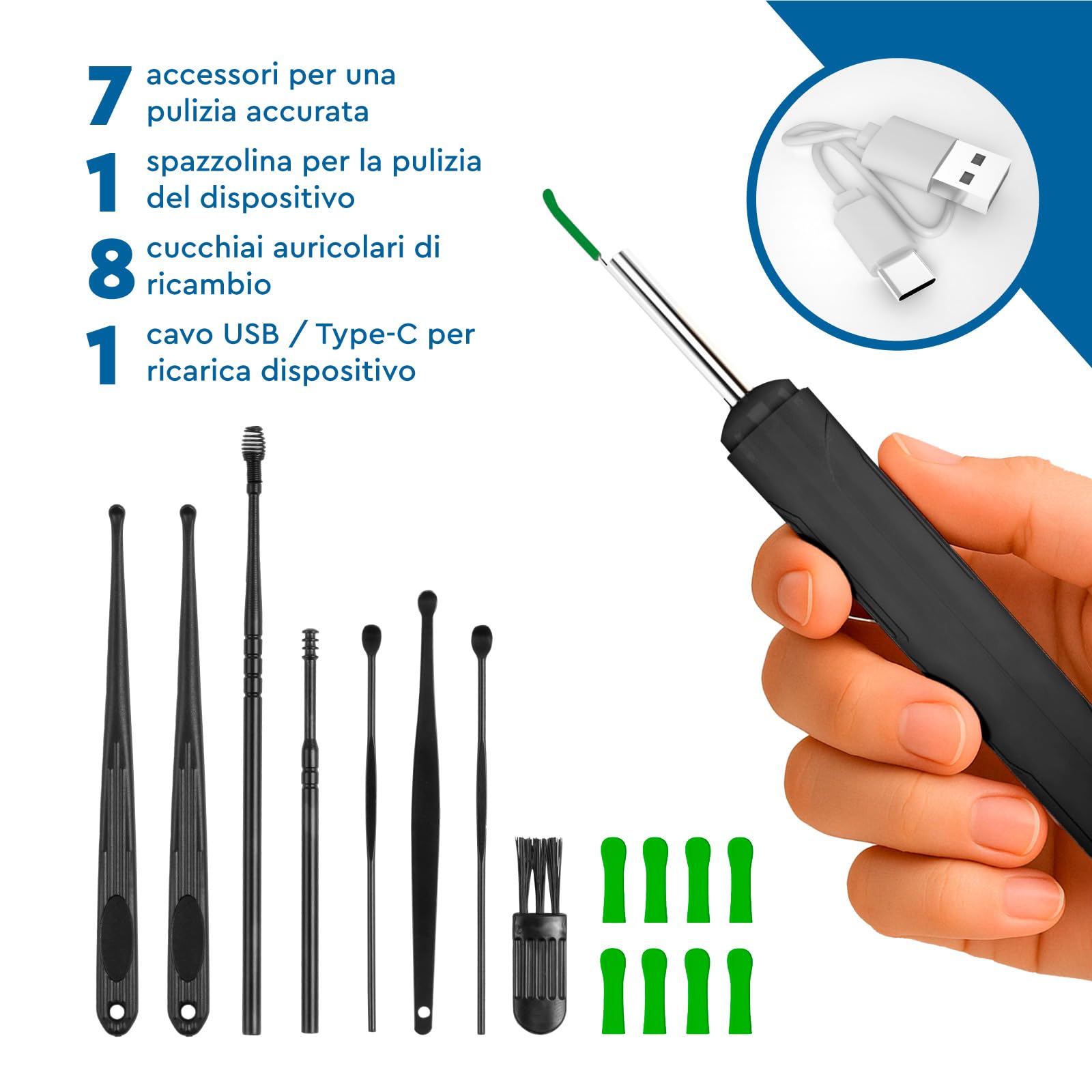 Otoscopio Pulizia Orecchie Rimozione Cerume con Telecamera 1920p WiFi 3,6mm - UdiGuard Pulitore Orecchie Digitale con 6 Luci LED Animali Adulti Bambini - Compatibile con iPhone iPad Android Nero
