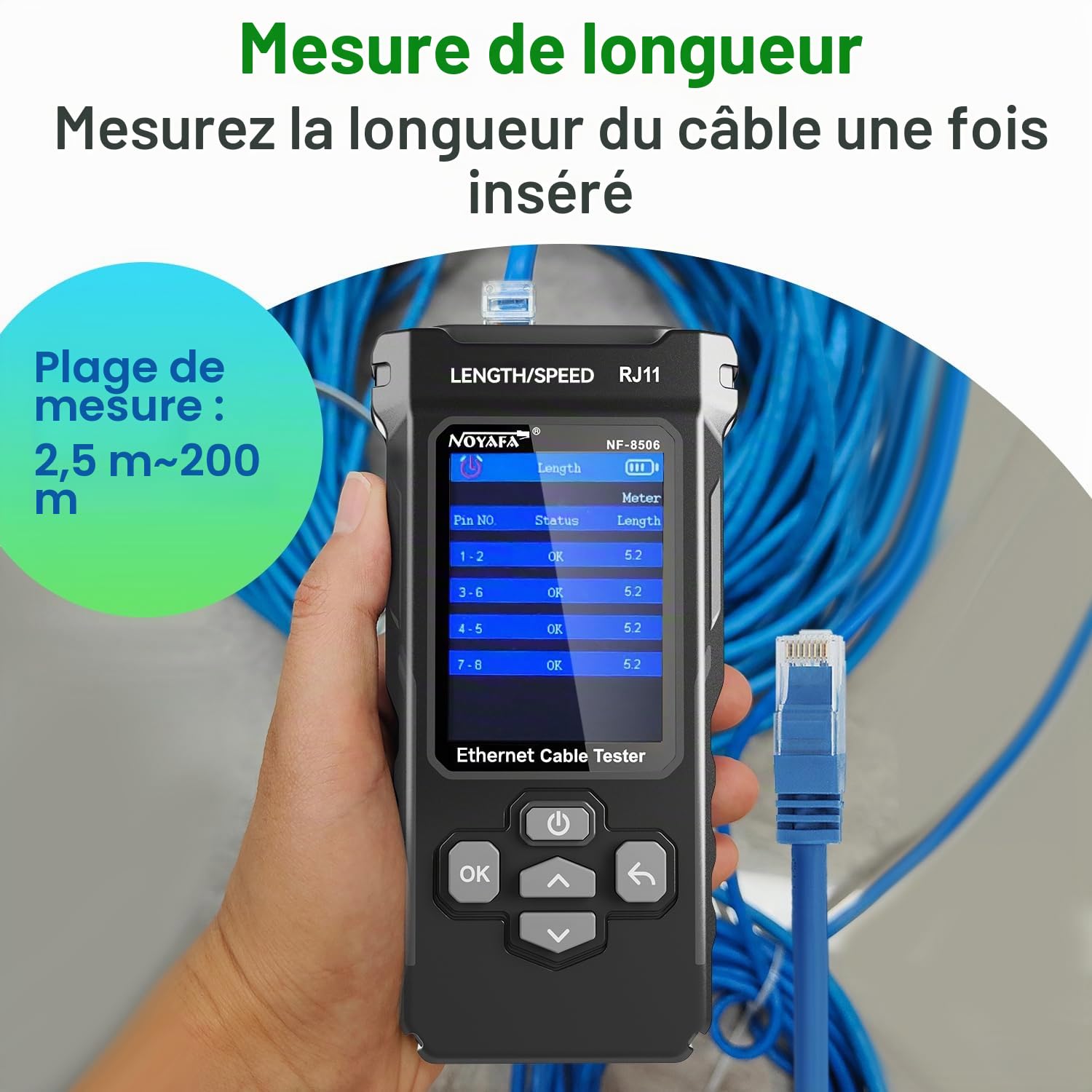 NOYAFA NF-8506 Testeur de Câbles Réseau – Testeur Ethernet avec Ping, Scan IP & TDR, Test de Débit Réseau, Clignotement de Port, Détecteur de Câbles RJ45 RJ11, CAT5 CAT6