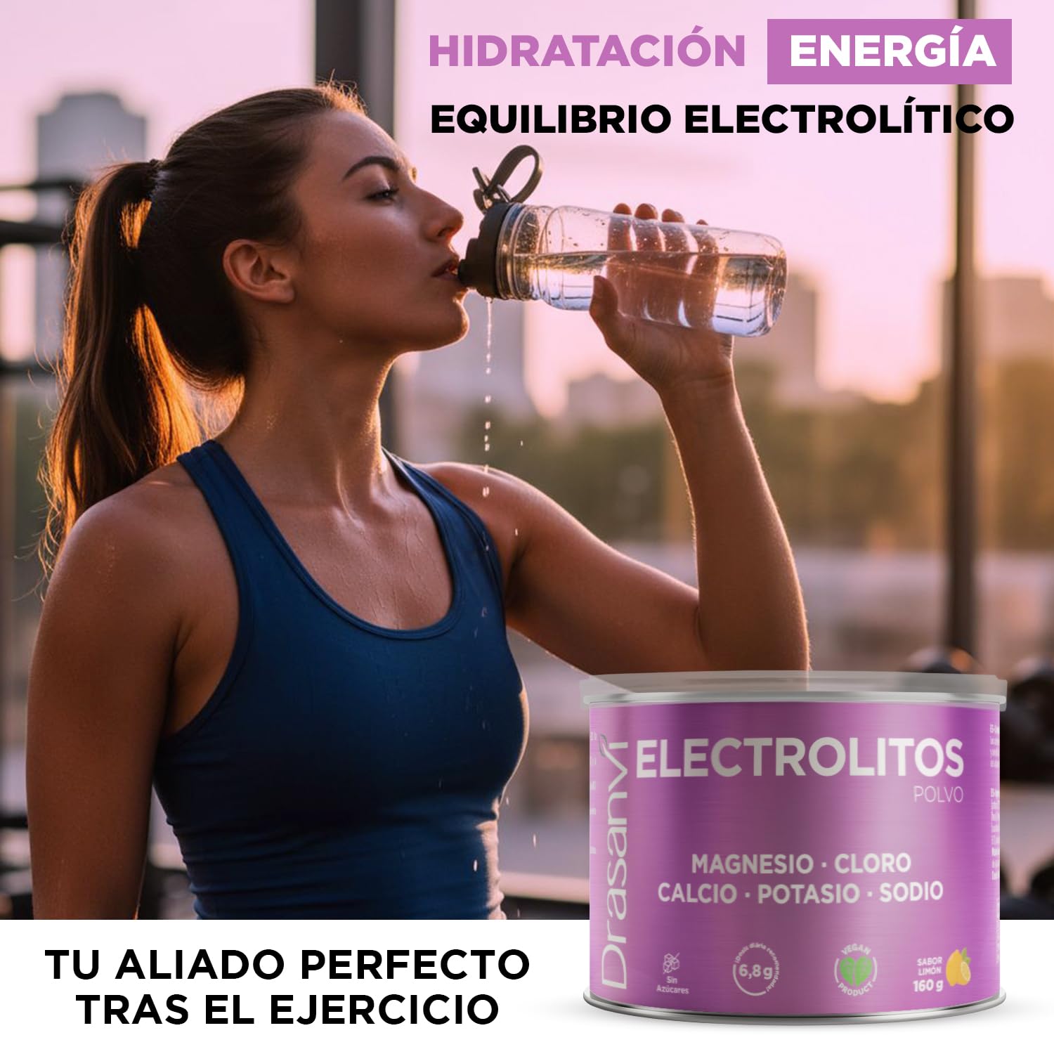 Electrolitos en Polvo Limón 160 g | Sales Minerales con Magnesio, Potasio, Calcio y Sodio + Vitaminas B y C | Hidratación y Función Muscular | Sin Azúcar, Vegano, Sabor Limón | Drasanvi