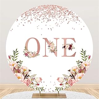 Yeele 6.5x6.5ft Happy 1st Birthday Round Backdrop Pink Gold First Birthday Background Watercolor Flowers Glitter 1st Birthday Party Decoration Girls Cake Table Banner Kids Portrait Photo Booth Props