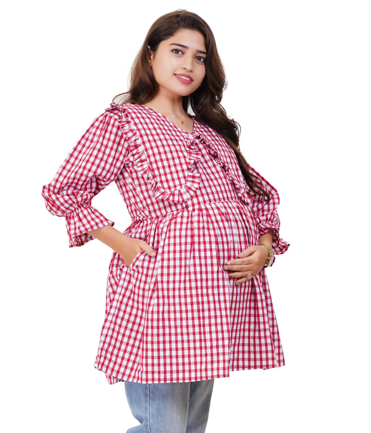 Gingham Maternity Top for Women | Cotton Pregnancy & Feeding Top | Ruffle Sleeve Nursing Wear with Empire Waist, Side Pockets & Comfortable Fit-image-36