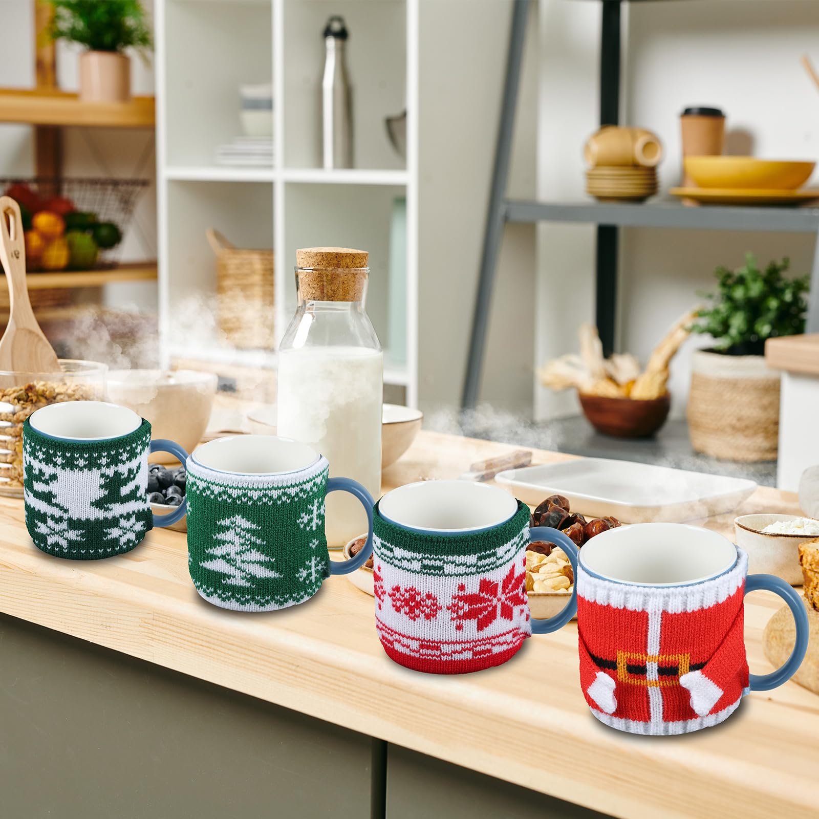 8 tazas de café de Navidad acogedoras tazas de café de punto taza de café suéter funda reutilizable ganchillo café y té calentador taza con botones taza de café de invierno decoración para bebedor de