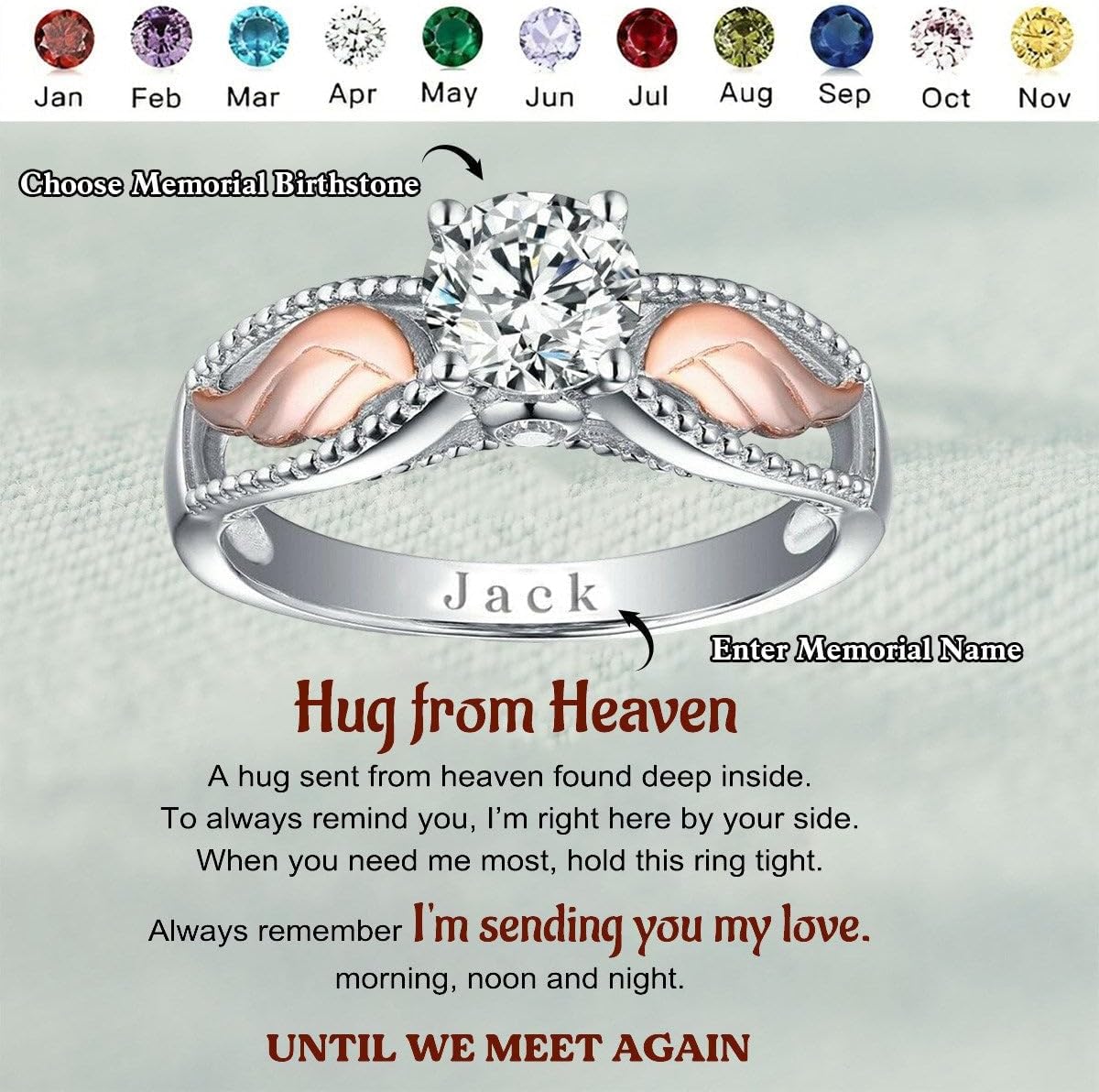 Personalized Hug From Heaven Memorial Angel Wings Ring For Women, Memorial Ring, Adjustable Angel Wing Custom Birthstone Memorial Rings, Jewelry Birthday Gifts Inspirational Jewelry Gift