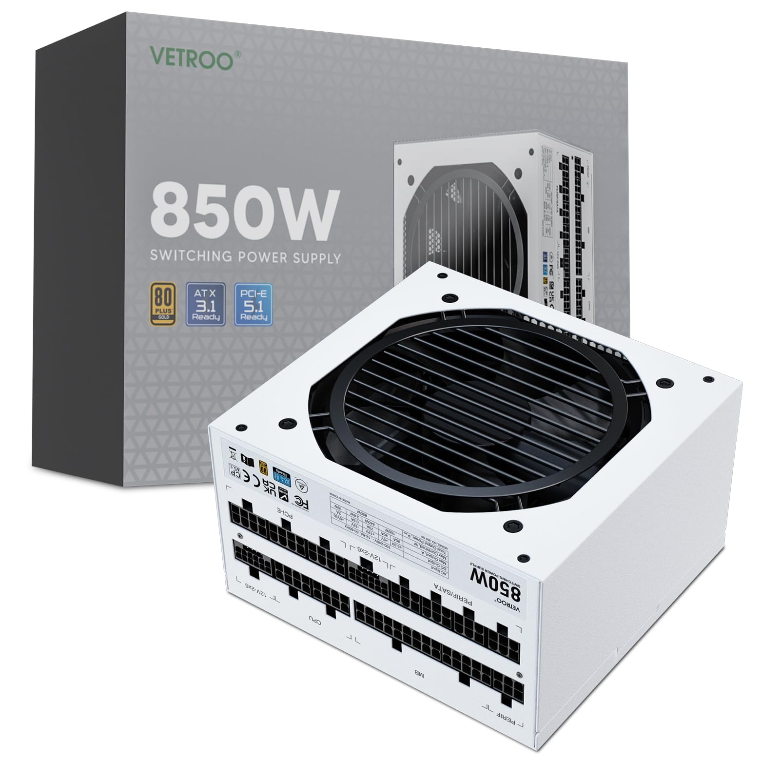 Vetroo 850W Power Supply Dual PCIe 5.1 ATX 3.1 Ready, 80 Plus Gold Full Modular, Quiet Operation with 120mm FDB Fan, 10-Year Warranty - White