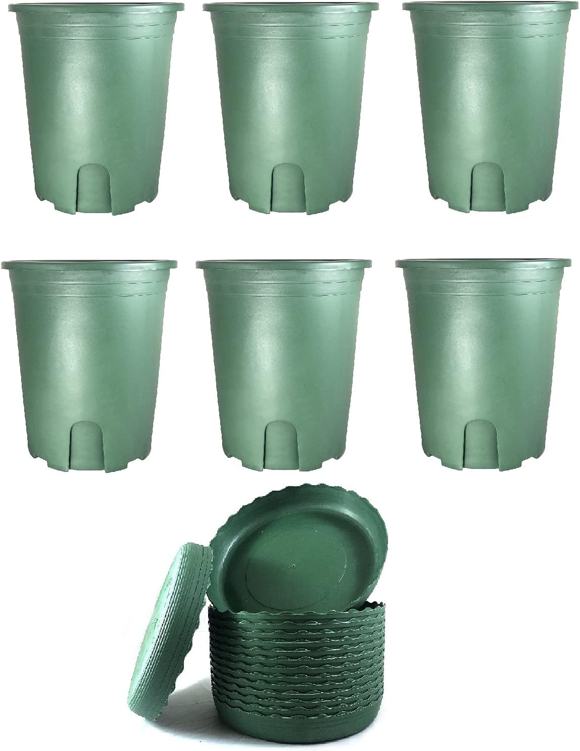 6 Sets(Pot+Tray) 5 Gallon Diameter 11inch Height 12inch Green Plastic Pots with Tray/ Root Control Desige for Vegetable Flower Fruit Nursery Plants Garden Outdoor Indoor Forest 10inch-11inch