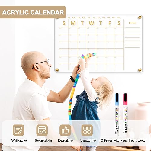 Miniatura 5 de Calendario acrílico grande para pared, calendario de pared de acrílico transparente dorado de 24 x 16 pulgadas, calendario de borrado en húmedo y en