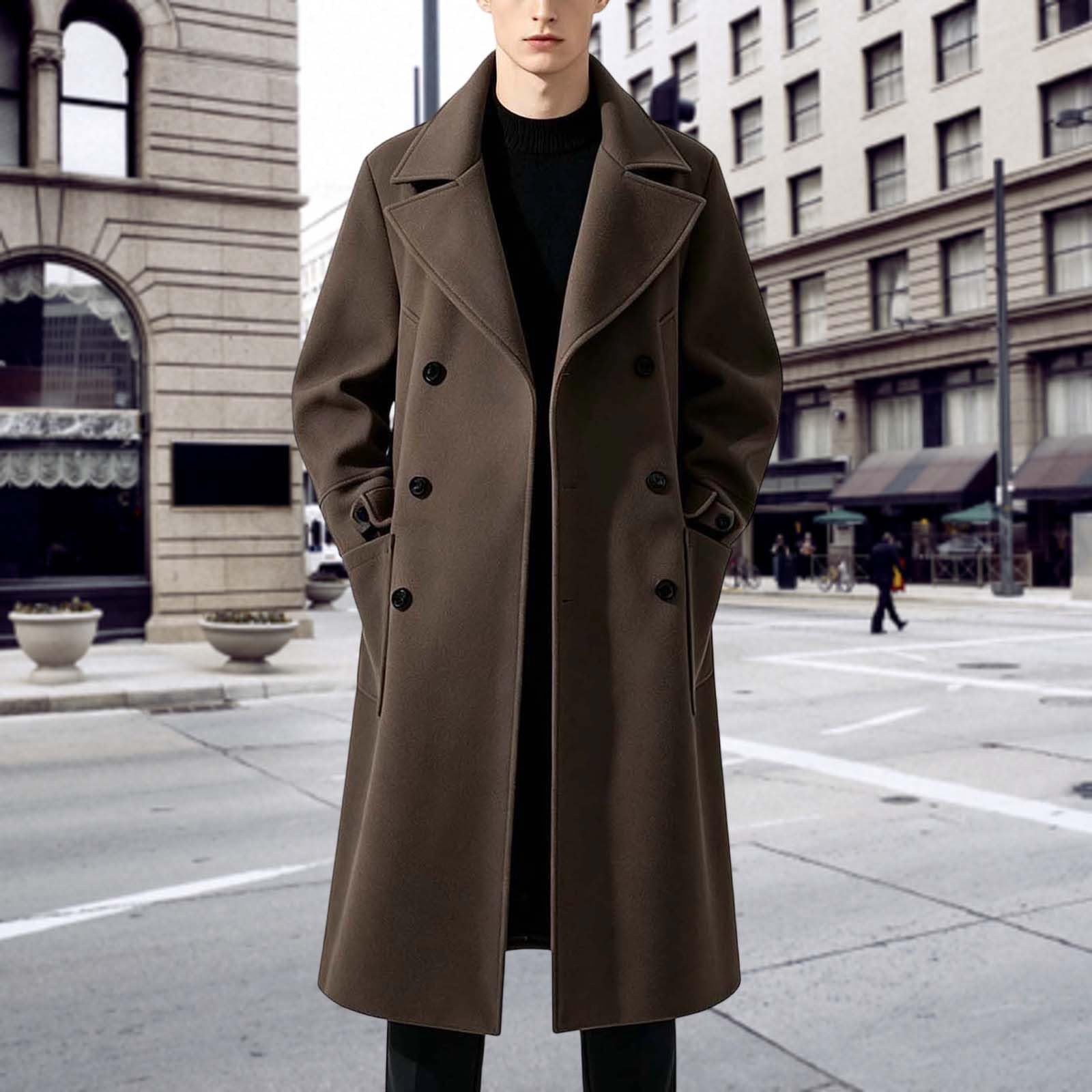Trenchcoat Herren Lang Klassisch Wollmantel mit Taschen Elegant Wintermantel Zweireihig Revers Business Casual Trench Coat Mäntel Übergangsmantel Einfarbig Herbstmantel