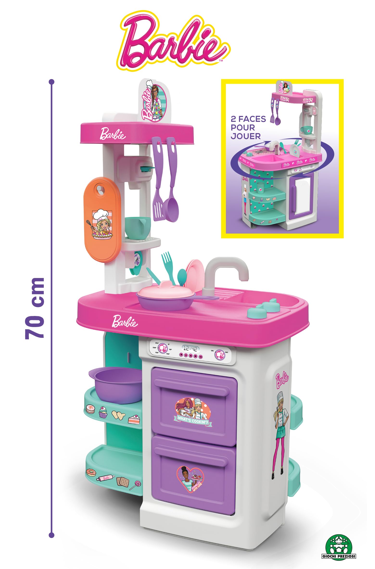 Grandi Giochi - Barbie Cucina Twist, cucina bifacciale 75 cm con tanti accessori - BAR49000