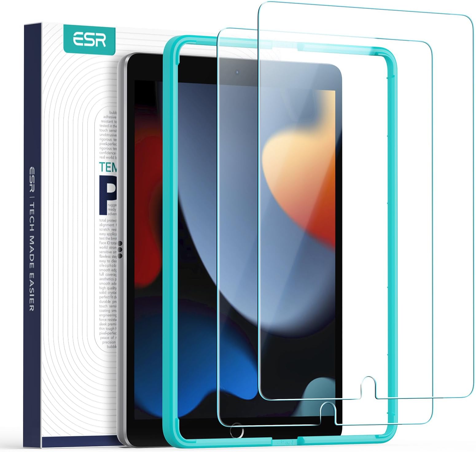 ESR 2 Pack For Ipad 9Th/8Th/7Th Generation Screen Protector (10.2 Inch,2021/2020/2019), Scratch-Resistant 9H Hardness Hd Clear Premium Tempered Glass, Includes Installation Frame For Tablet