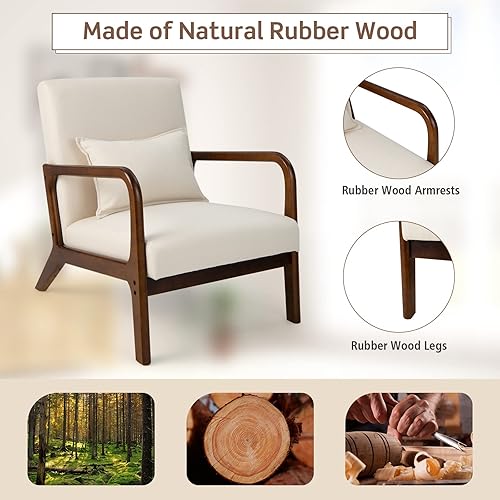 Miniatura 6 de KOTEK Silla decorativa moderna de mediados de siglo con almohada lumbar, sillón de lectura con marco de madera de goma, asiento y respaldo