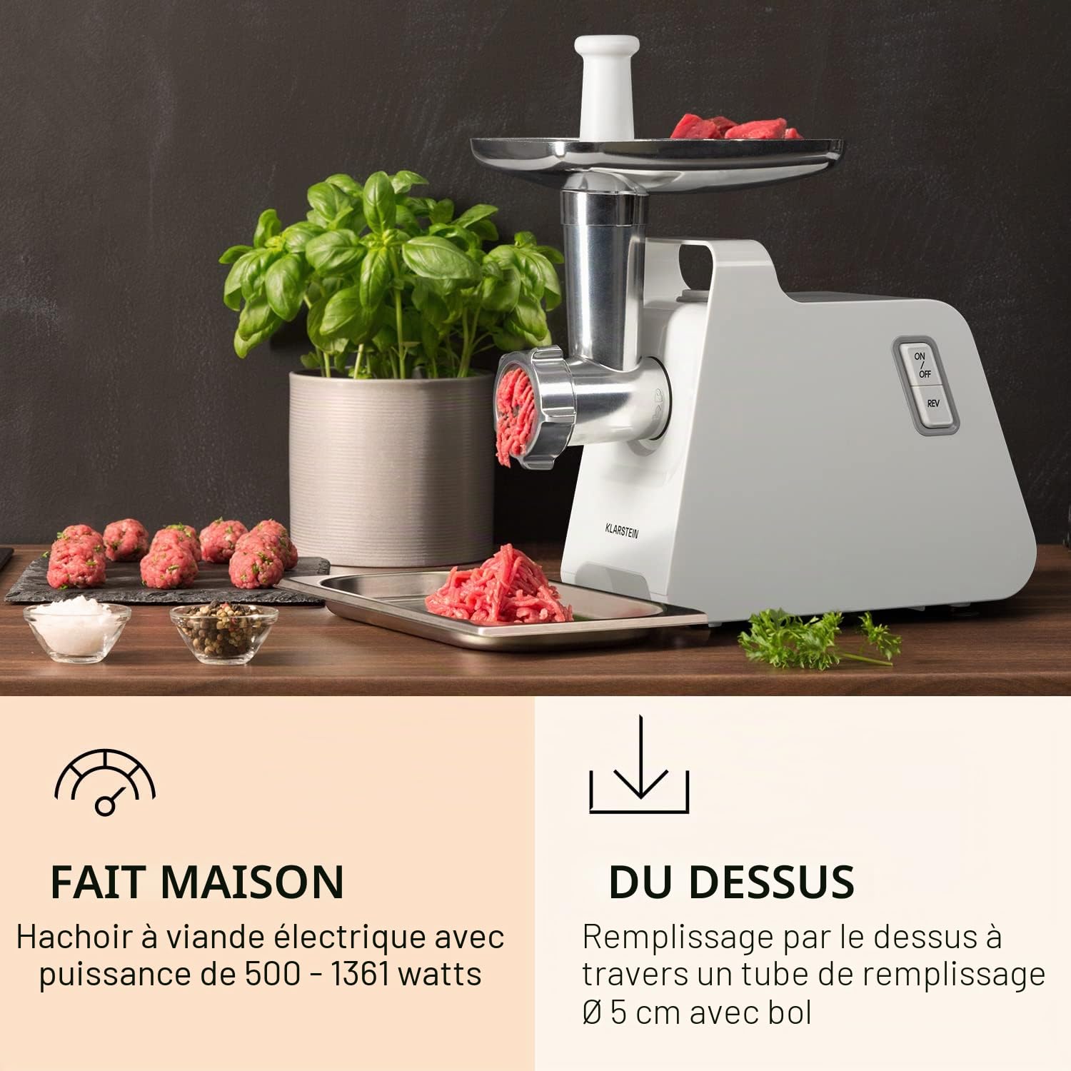 Klarstein Mighty Mince - hachoir à viande électrique - puissance 500 à 1361 W, hachoir électrique avec accessoires pour saucisses, kebbe et purée, presse-tomates, avec poignées - Blanc